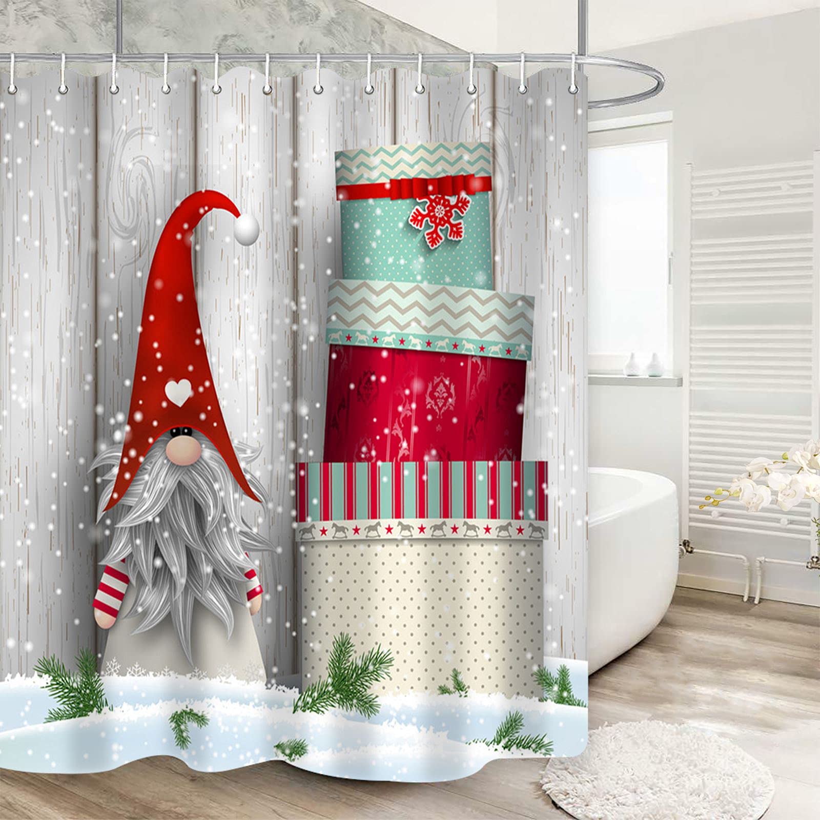 Gnome Shower Curtains For Bathroom, Cute Christmas Gnome Let It Snow Fabric Shower Curtain, Winter Xmas Holiday Bathroom Curtain