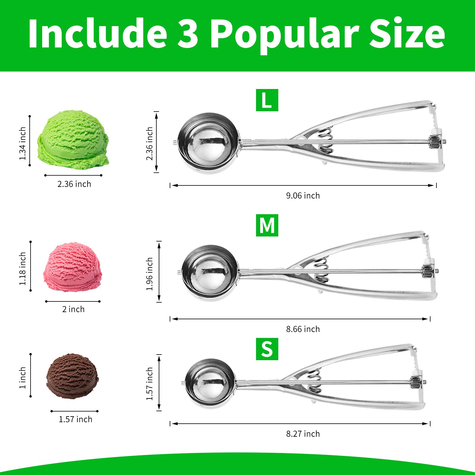 AOULELA 3PCS Ice Cream Scoop Set, Stainless Steel Cookie Scoops, Small/Medium/Large, Silver, Model ICS0103