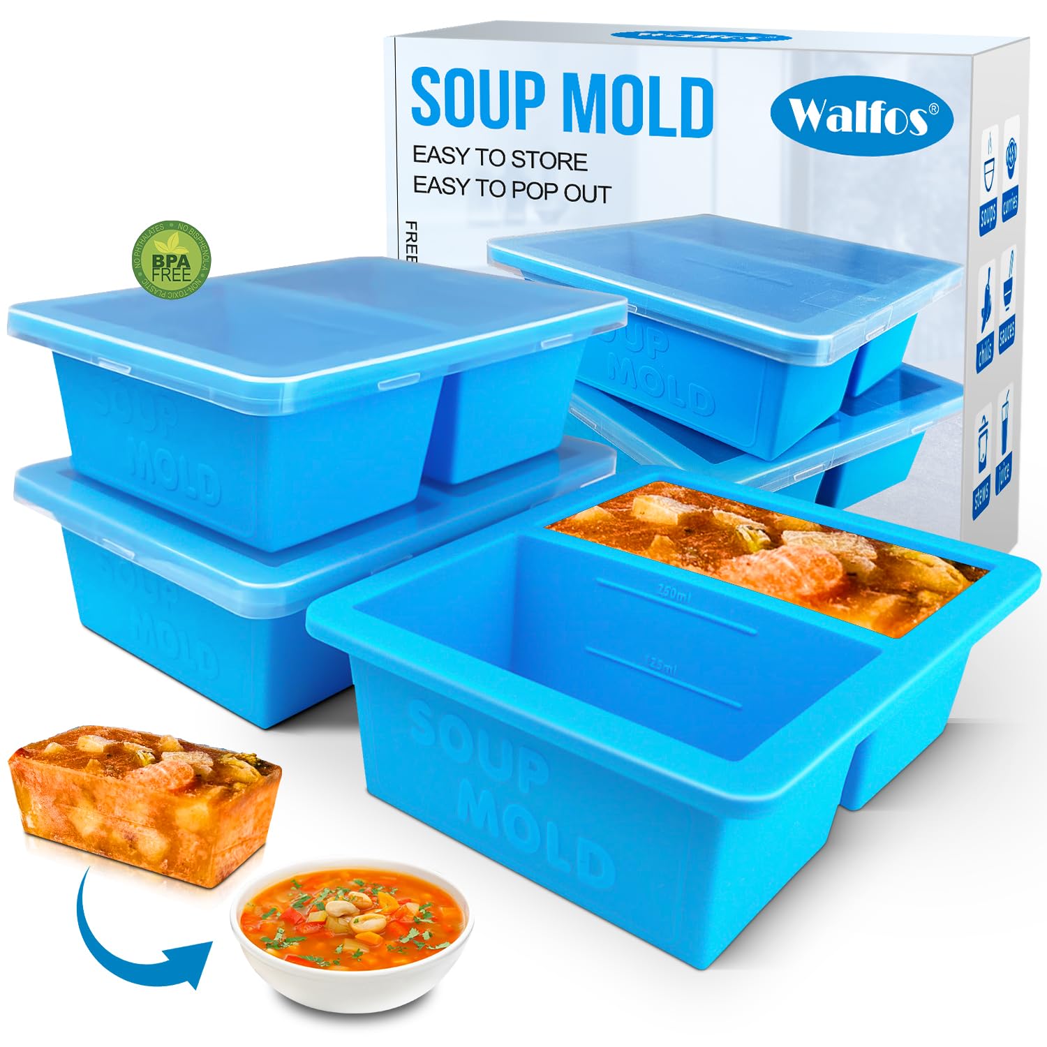 Walfos Silicone Soup Freezer Container, 1-Cup Soup Freezer Cube Tray With Lid Prevents Freezer Odo, 3 Pcs Soup Freezer Molds, Pe