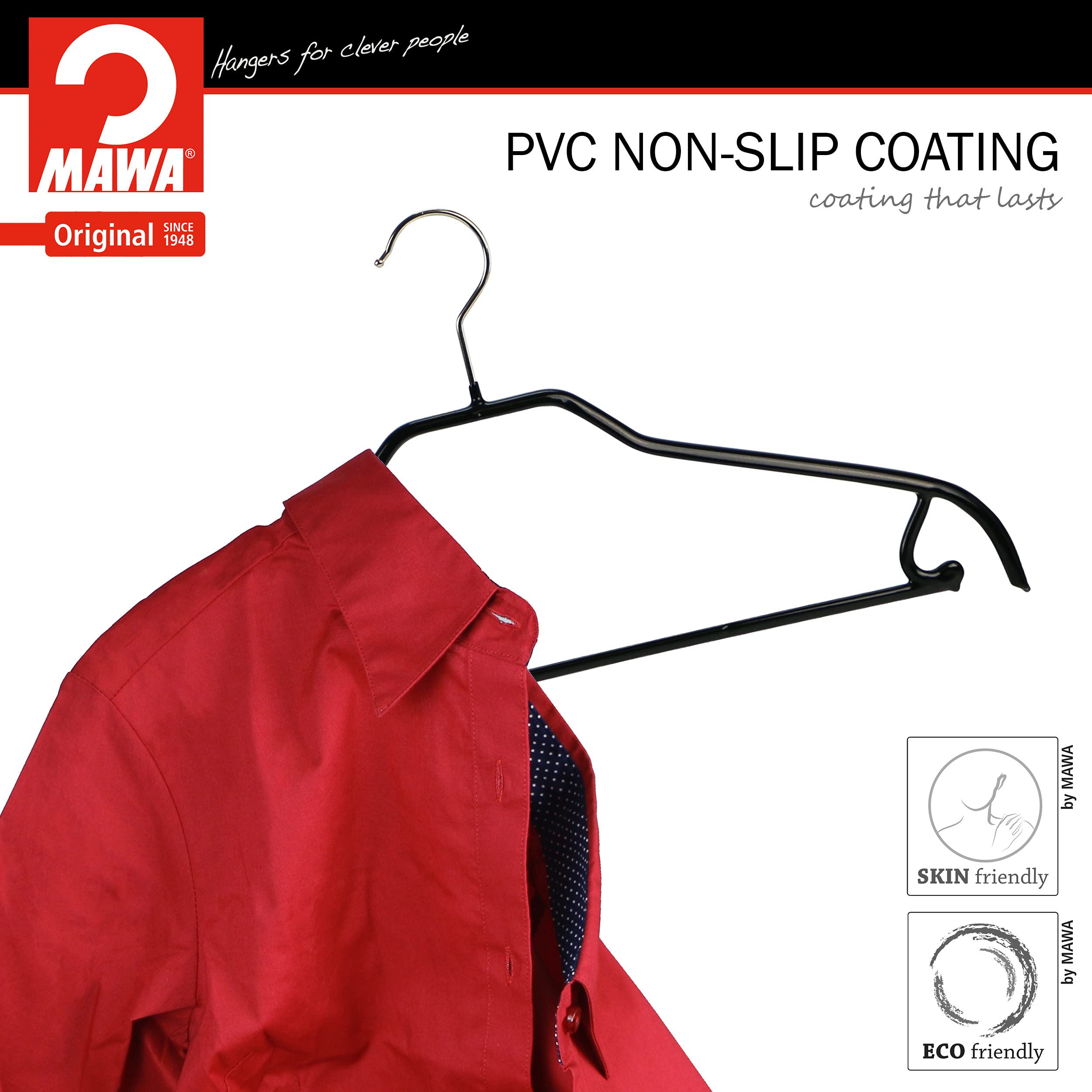Mawa by Reston Lloyd Silhouette Series Non-Slip Space Saving Clothes Hanger with Bar & Hook for Pants and Skirts  Style 41/FRS  Set of 12  Black