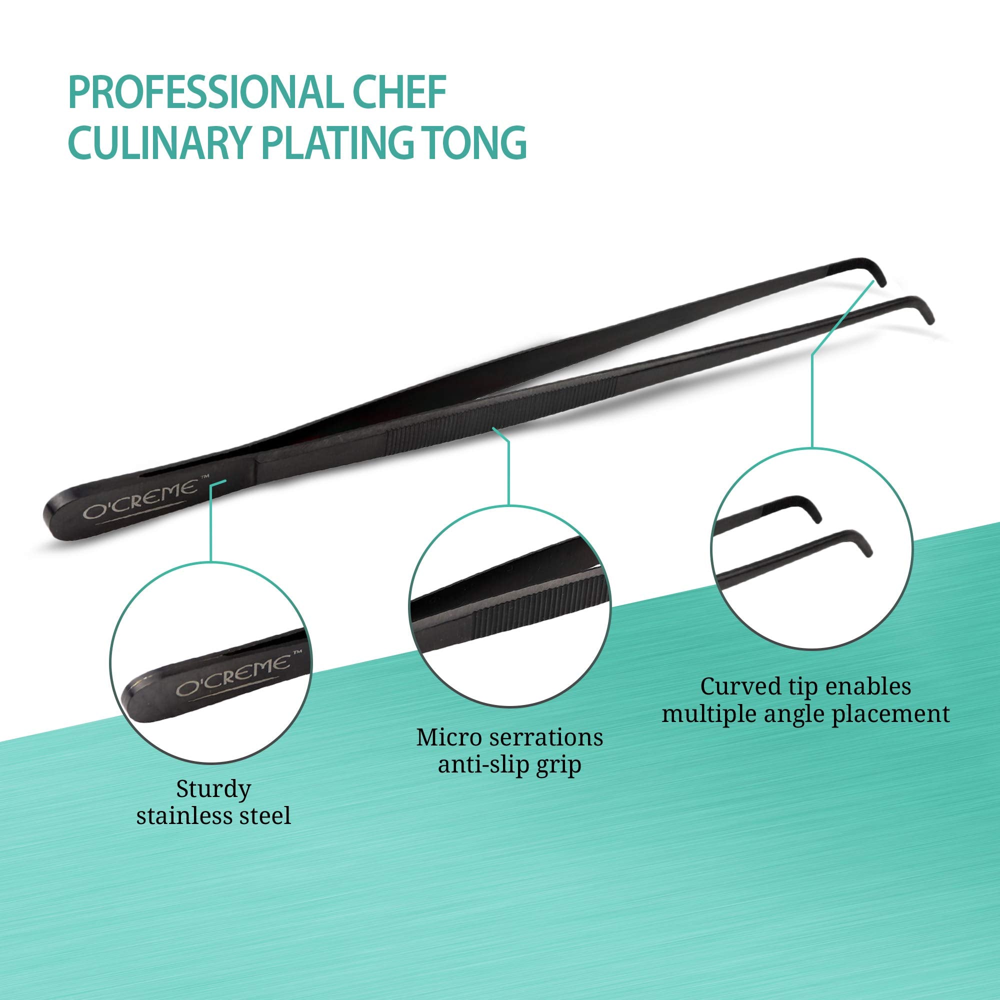 O'Creme Stainless Steel Precision Kitchen Culinary 8 Inch Tweezer Tongs (8'' Curved, Blue)