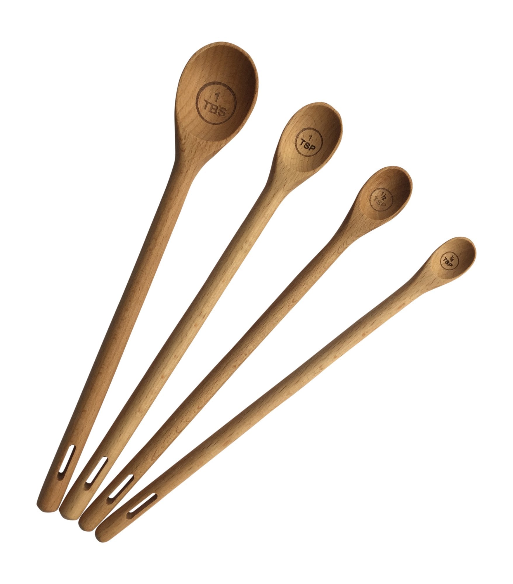 Long Handle Wooden Measuring Spoons By Utensi, Set Of 4 Engraved Accurate Spoons For Dry And Liquid Ingredients, Beech Wood Set