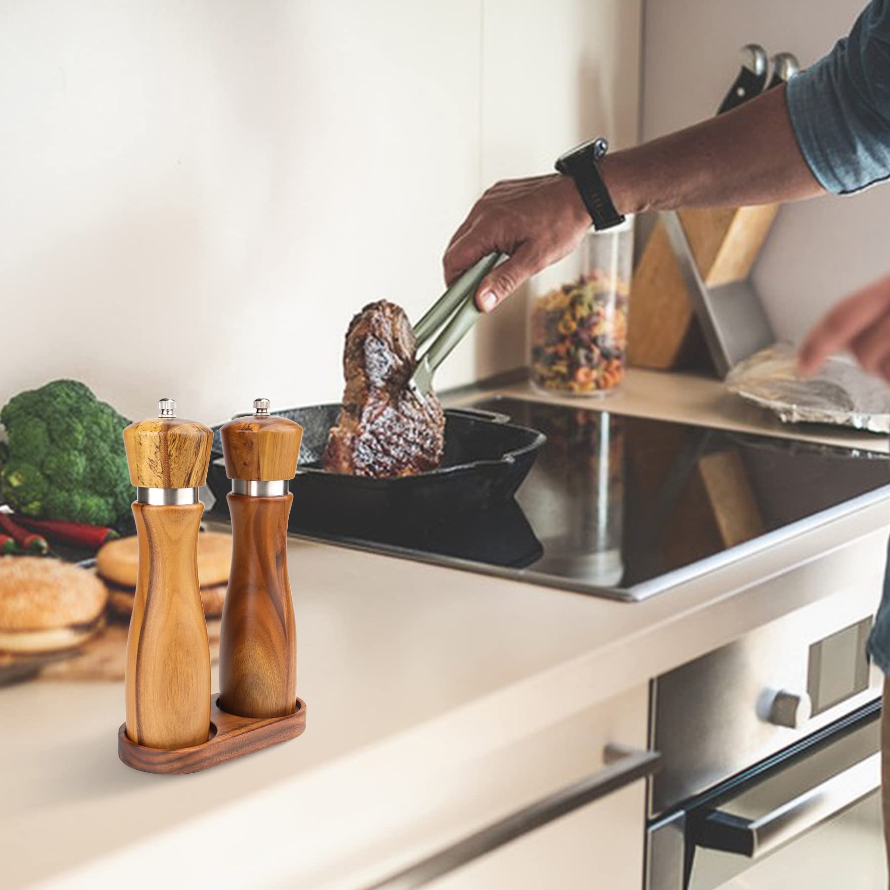 VanlonPro Salt and Pepper Mill Tray  Acacia Wood Tray  Pepper Mill Holder & Rest (Inner Dia 2.3 Inch) fit Many Mills & Shakers  Salt & Pepper Grinder Accessories  Kitchen Storage Holder