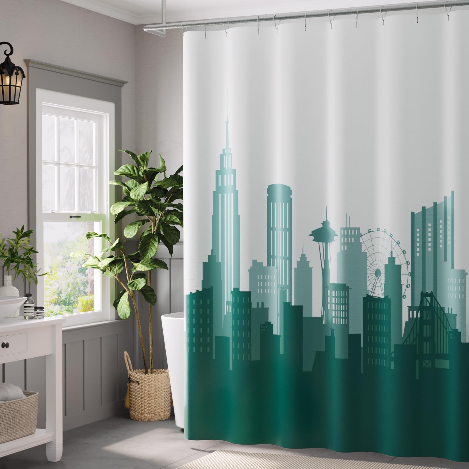 Jinchan Teal And White Ombre Shower Curtain City Skyline Unique Design Shower Curtains For Bathroom Modern Luxury Cityscape Wate