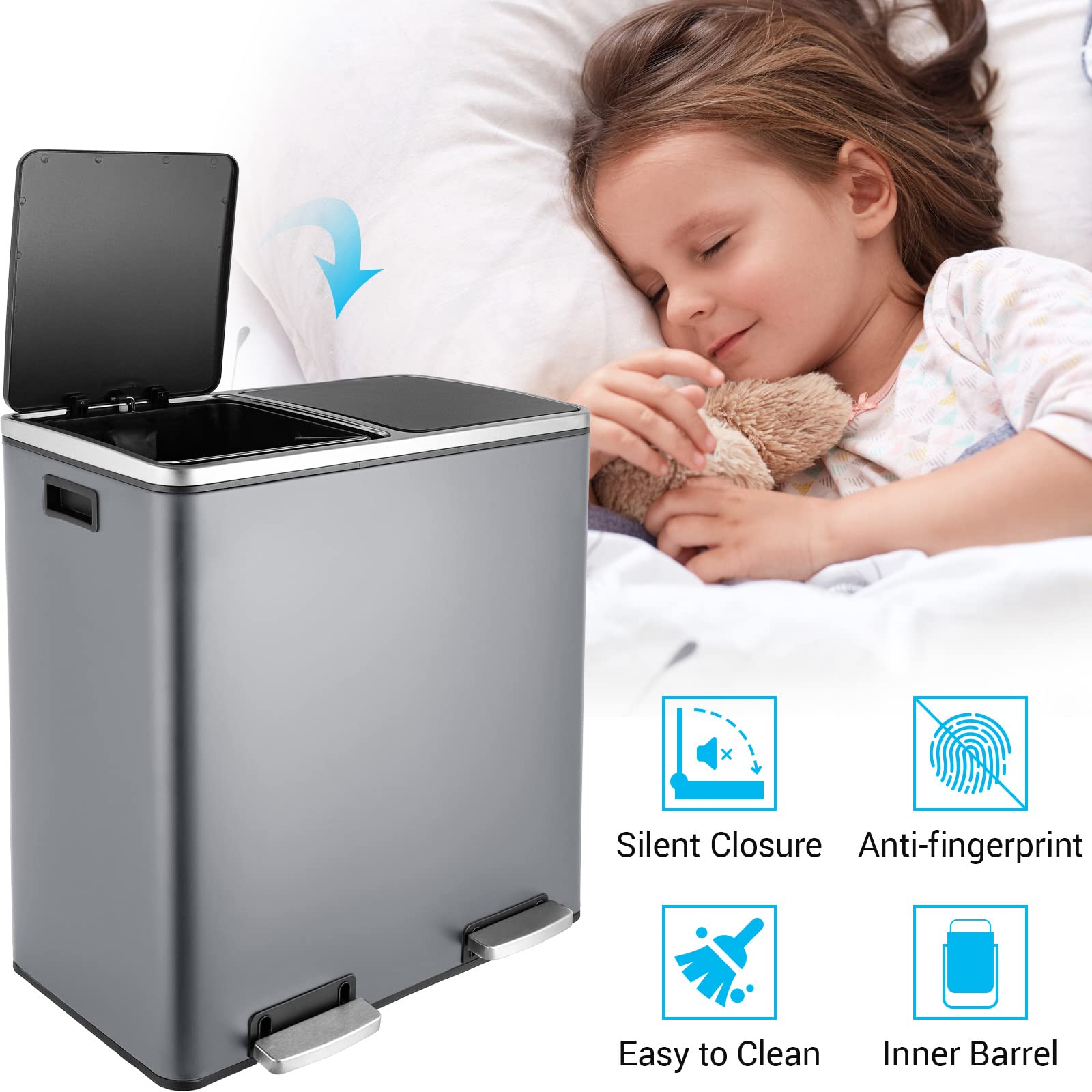 Athlike 60L(16 Gal ) Dual Trash Can, Stainless Steel Kitchen Garbage Can, Double Compartment Classified Rubbish Bin, Recycle Dus