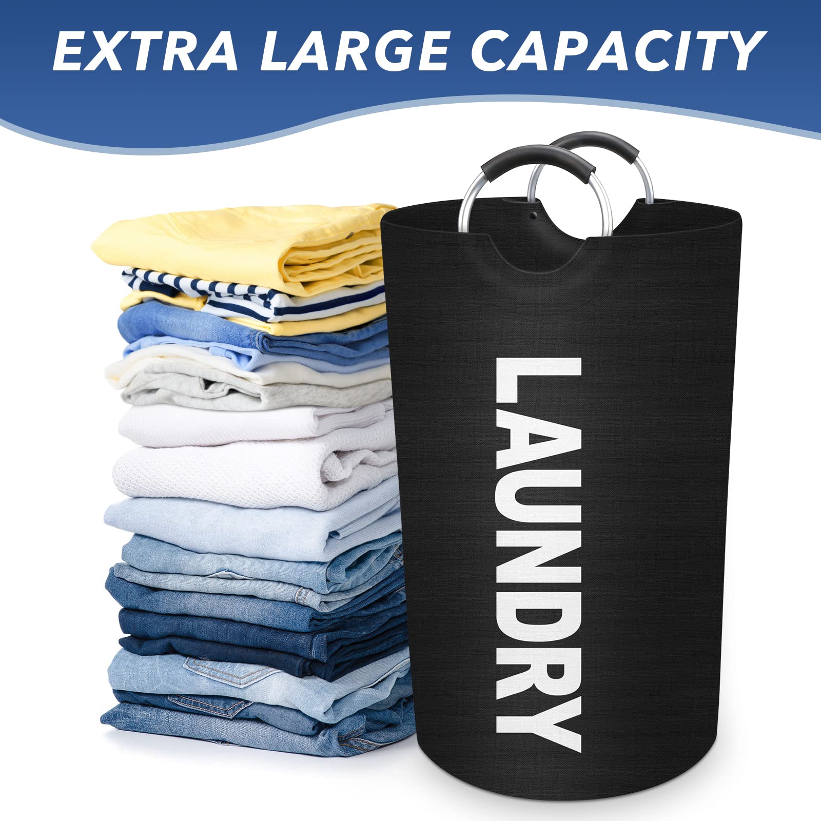 EpicTotes 75L Large Laundry Basket  Freestanding Waterproof Laundry Hamper  Collapsible Folding Tall Clothes Hamper  Easy Carry with Foam Protected Aluminum Handles for Dorm  Family  Travel (Black)