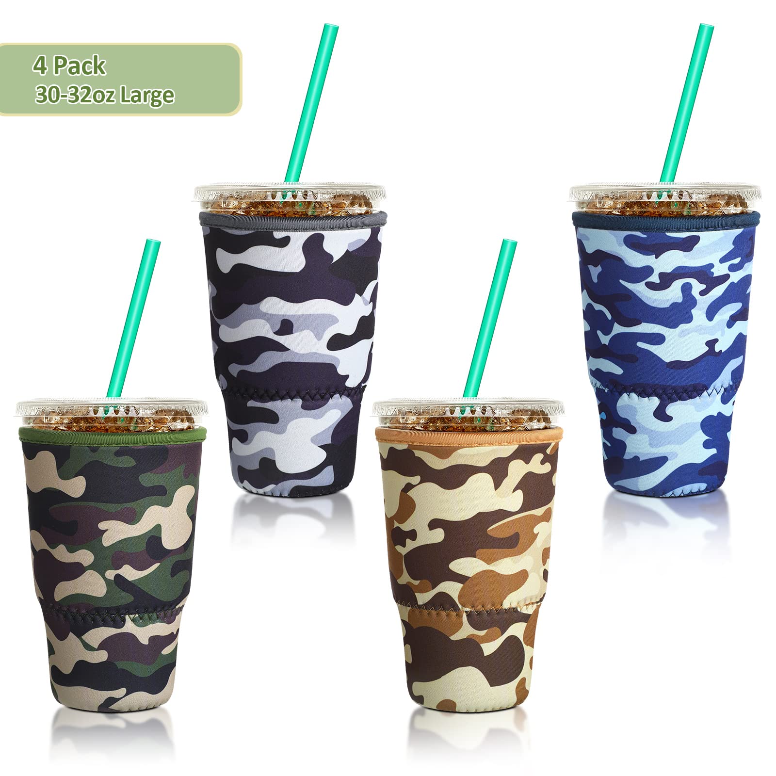 Patelai 4 Pieces Large Reusable Coffee Sleeve Cup Insulator For 30-32 Oz Cold Drinks Beverages And Holder For Most Coffee