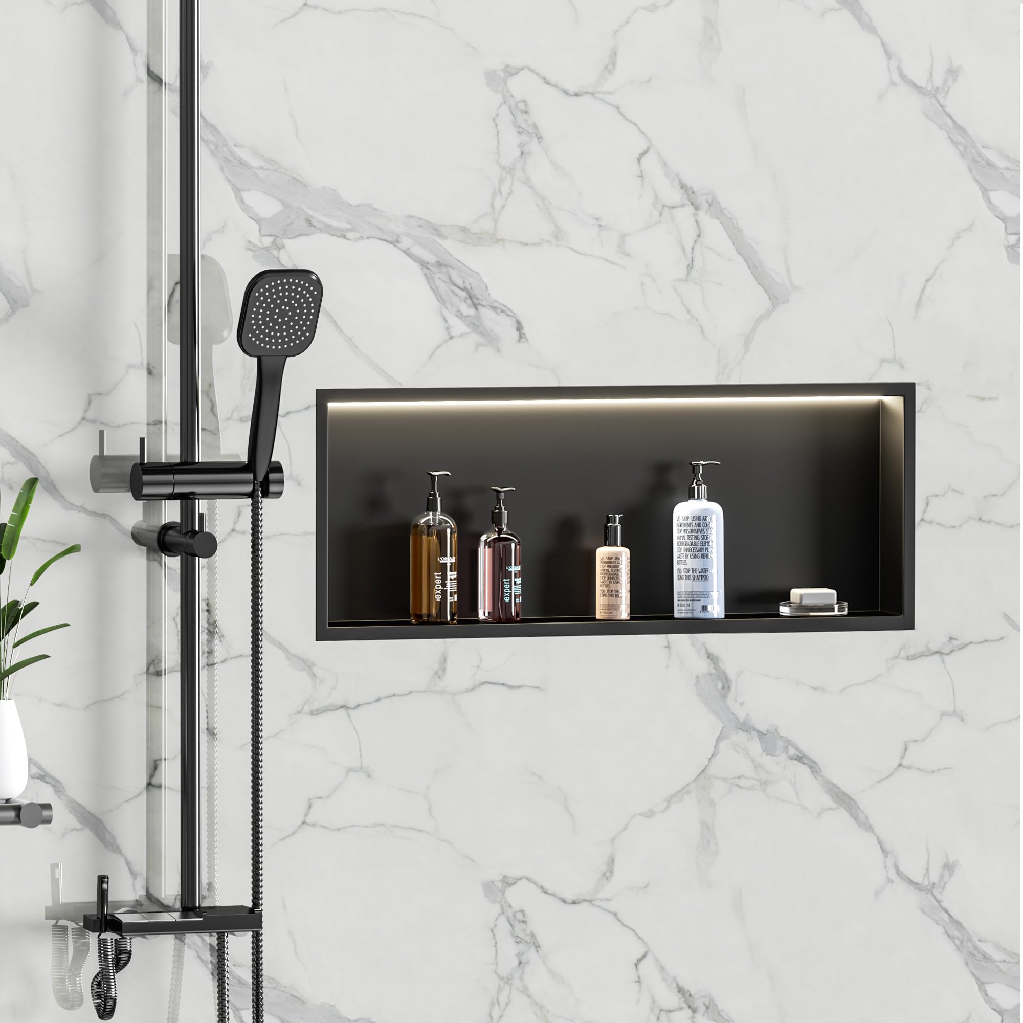 Neodrain Shower Niche, 30''X12'' Matte Black Wall Niche, Stainless Steel Wall Niche With Non-Dimmable Led Light, No Tile Needed