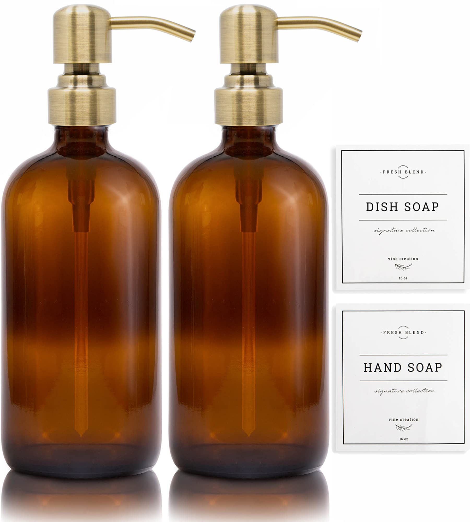 Vine creations Amber glass Soap Dispenser 2 Pack, Thick 16oz Bottles Rustproof Stainless Steel Pump, Kitchen Bathroom Accessorie