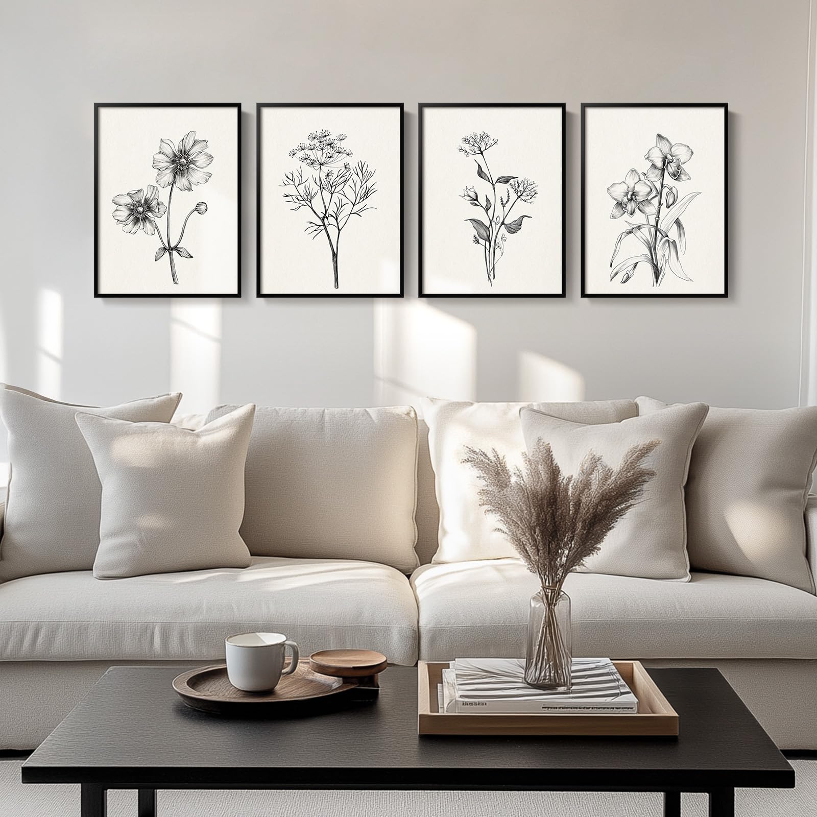 Framed Black And White Floral Wall Art For Living Room, Set Of 4 Rustic Flower Canvas Prints Paintings Artwork For Walls, Vintag