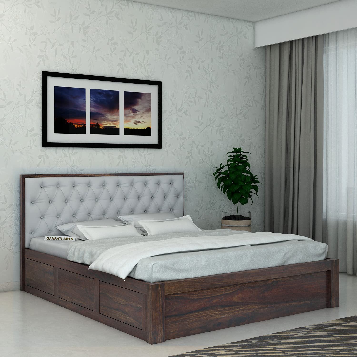 Ganpati Arts Sheesham Wood Decan Queen Size Bed With Box Storage For Bedroom Wooden Double Bed Palang For Home (Walnut Finish)