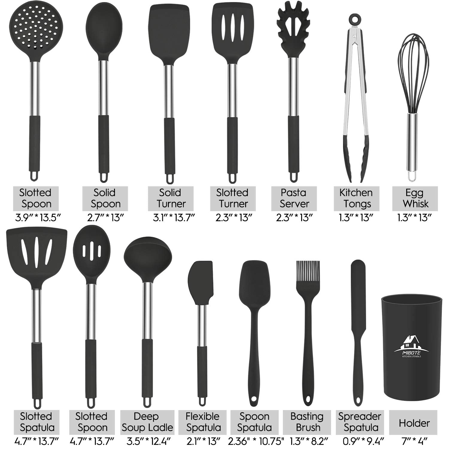 Mibote 15 Pcs Silicone Kitchen Utensils Set, Cooking Utensils Set With Heat Resistant Bpa-Free Silicone And Stainless Steel Hand