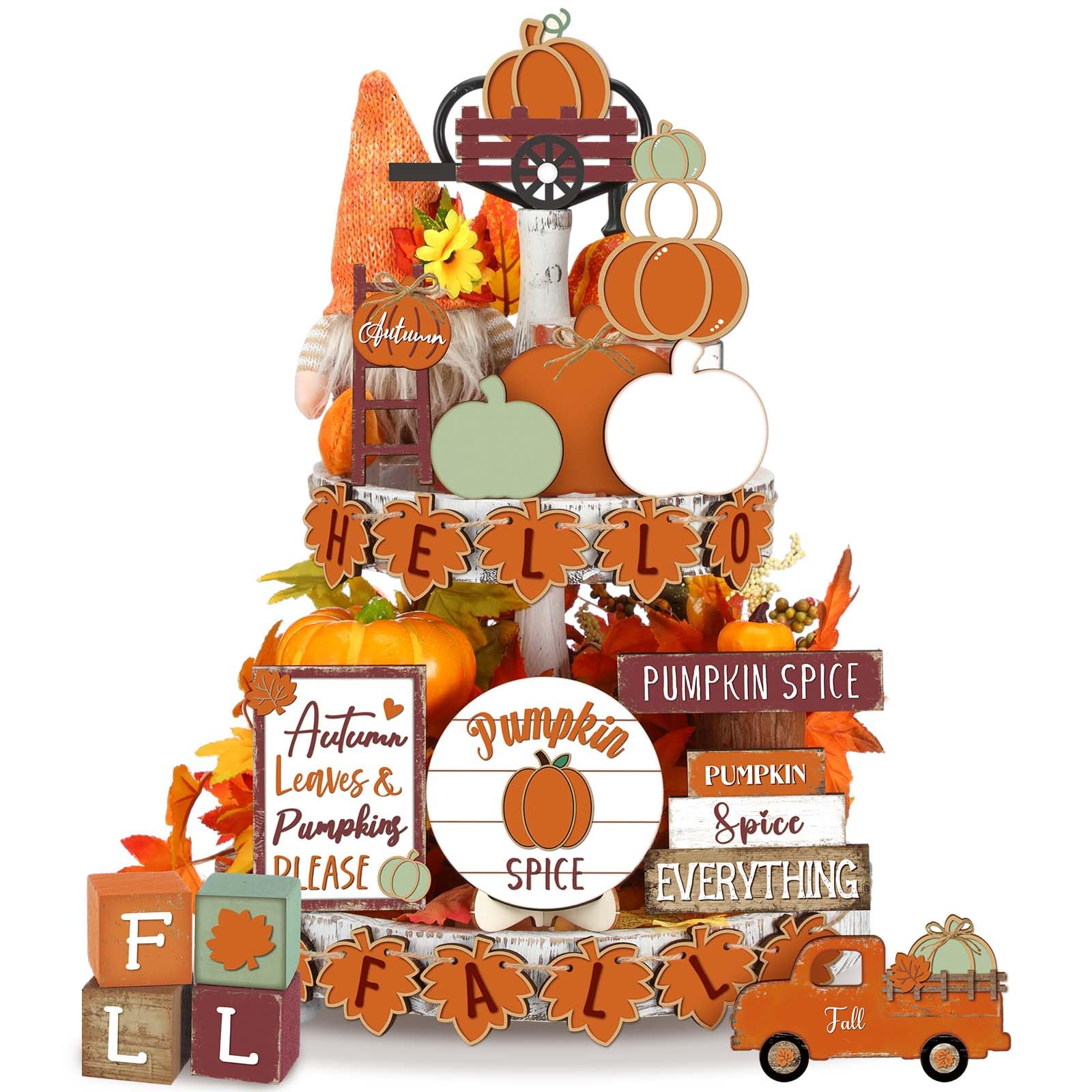 Maitys 21 Pcs Thanksgiving Tiered Tray Decor Set Fall Pumpkin Gnome Truck Scarecrow Wood Sign Rustic Farmhouse Decor Hello Fall 