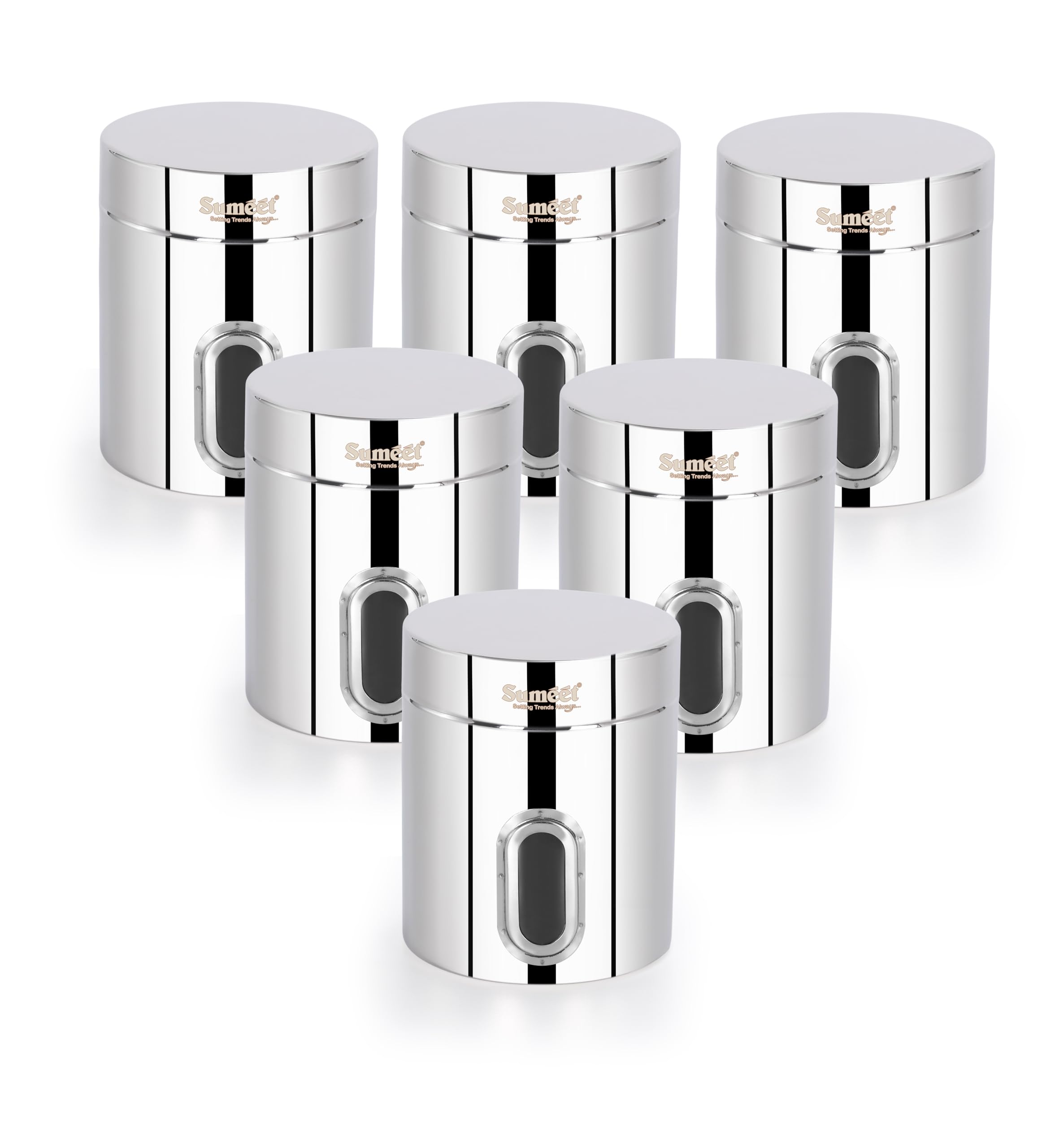 Sumeet Stainless Steel Small Containers Jars Dabba for Kitchen Storage with See Through Window - set of 6Pcs  700ml capacity each  9.5cm Dia  Silver