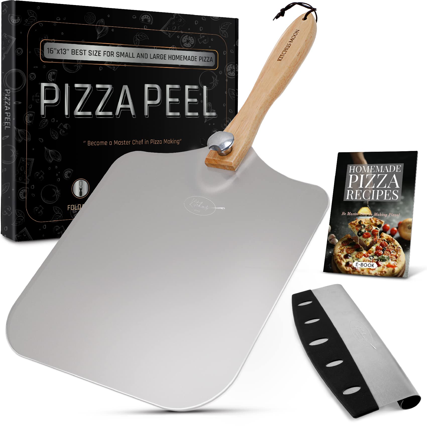 Kitchus Moon Large Pizza Peel 16 Inch - Extra Large Metal Pizza Peel With 14 Inch Stainless Steel Pizza Cutter Rocker, Pizza Pad