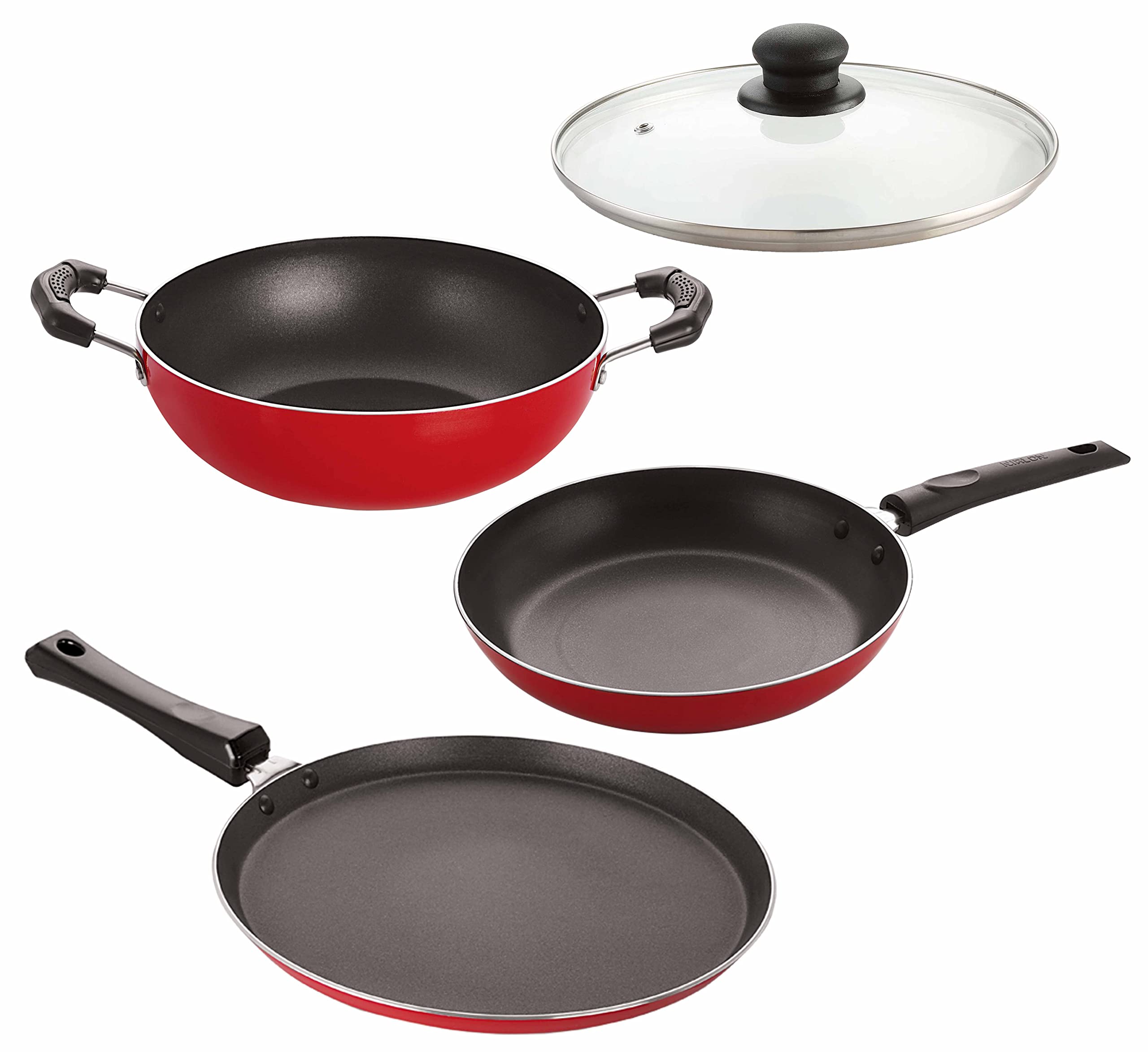 Nirlon Non Stick Coated Chemical Free Healthy Kitchen Cooking Utensil Combo Set  4 Pieces (Flat Tawa|Tapper Pan|Kadhai|1 Glass 