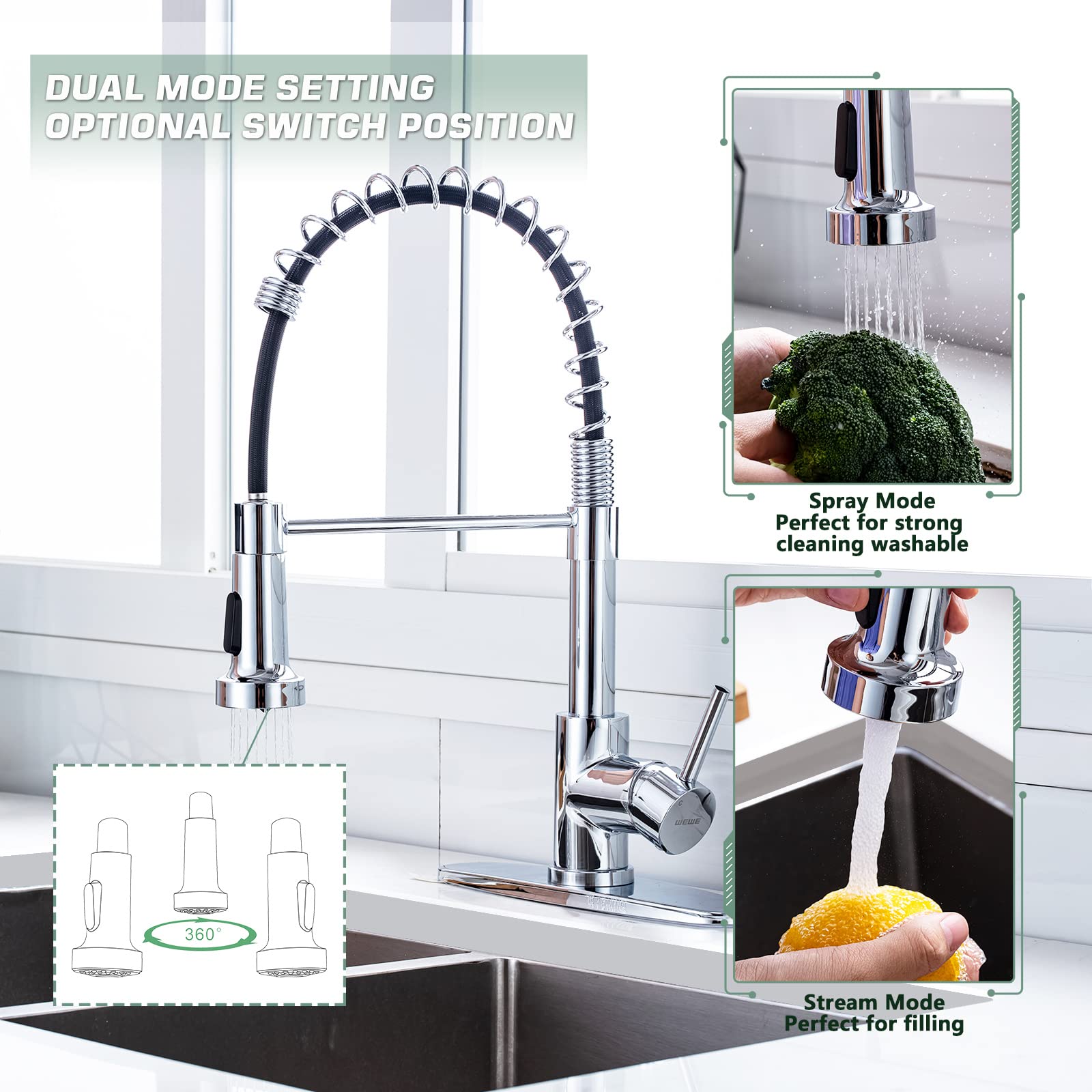 Chrome Kitchen Faucet  Faucet for Kitchen Sink with Pull Down Sprayer WEWE Kitchen Faucet with Deck Plate Stainless Steel Single Handle Spring for Farmhouse Utility Bar Laundry Sinks