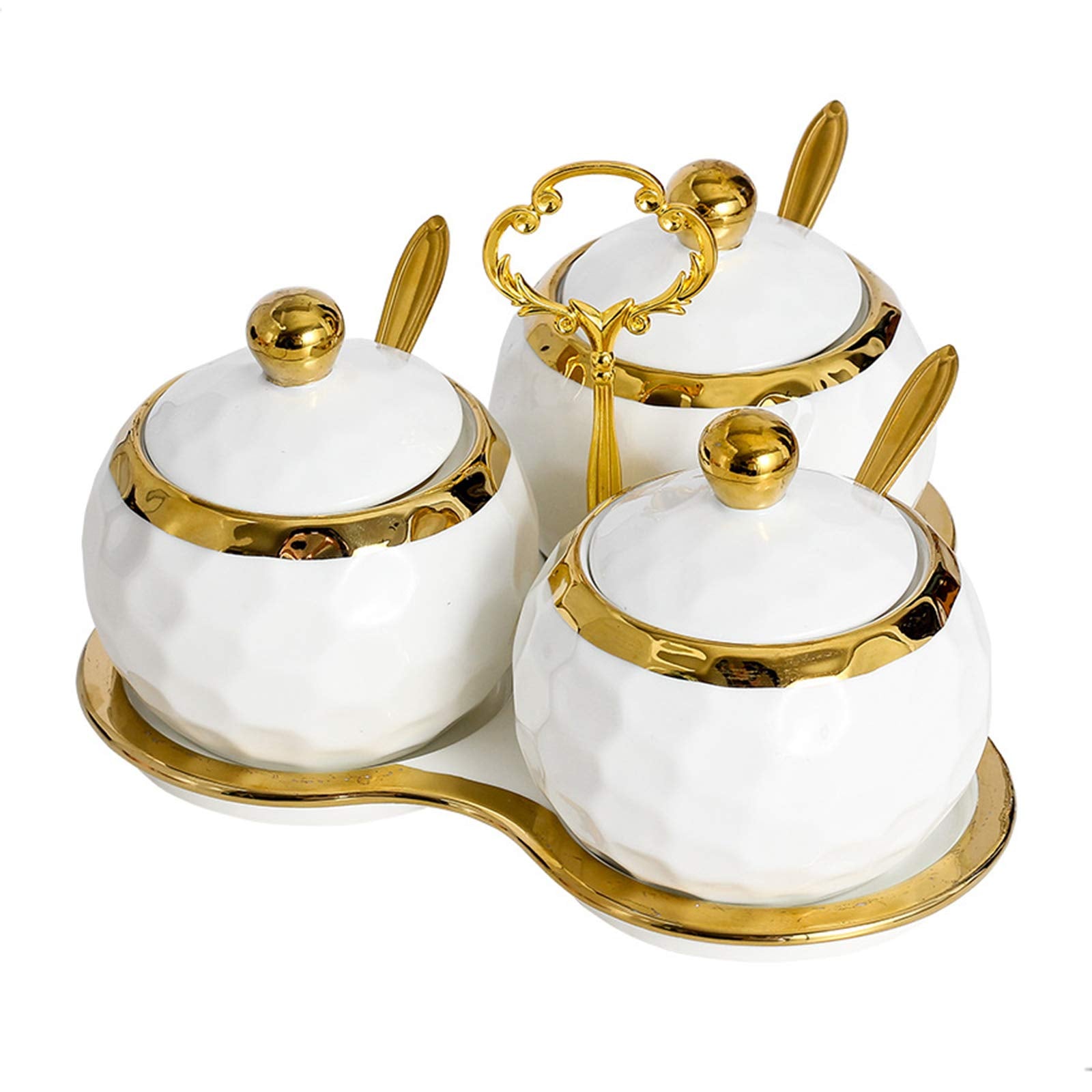 Bihoib Golf Porcelain Sugar Bowl Condiment Pot Salt Container With Lid, Spoon And Tray, Set Of 3, Modern Spice Box Seasoning Jar