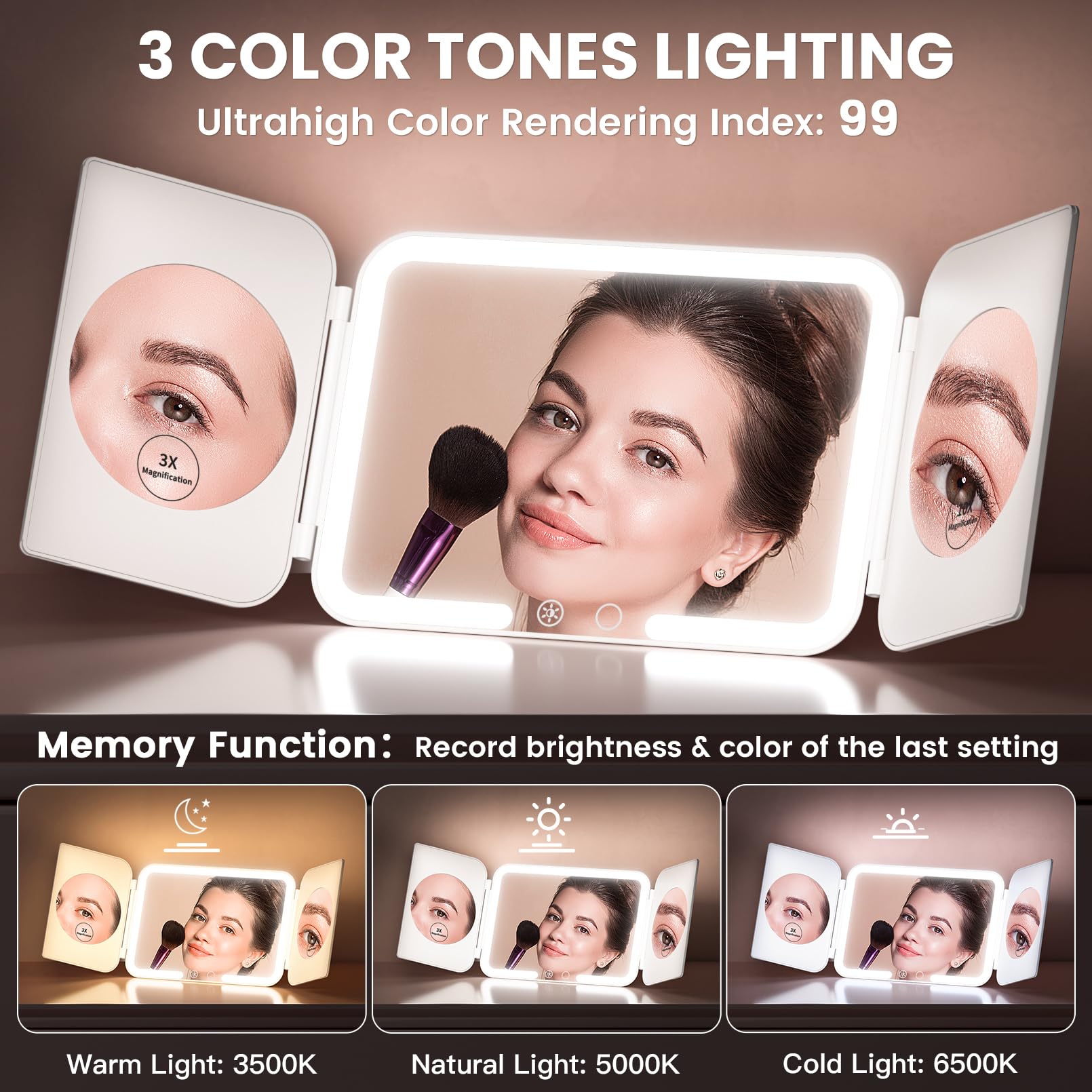 Beautifive Trifold Travel Lighted Makeup Mirror, 5000Mah Rechargeable Light Up Magnifying Mirrors 1X/3X/10X, 3 Color Lighting&St