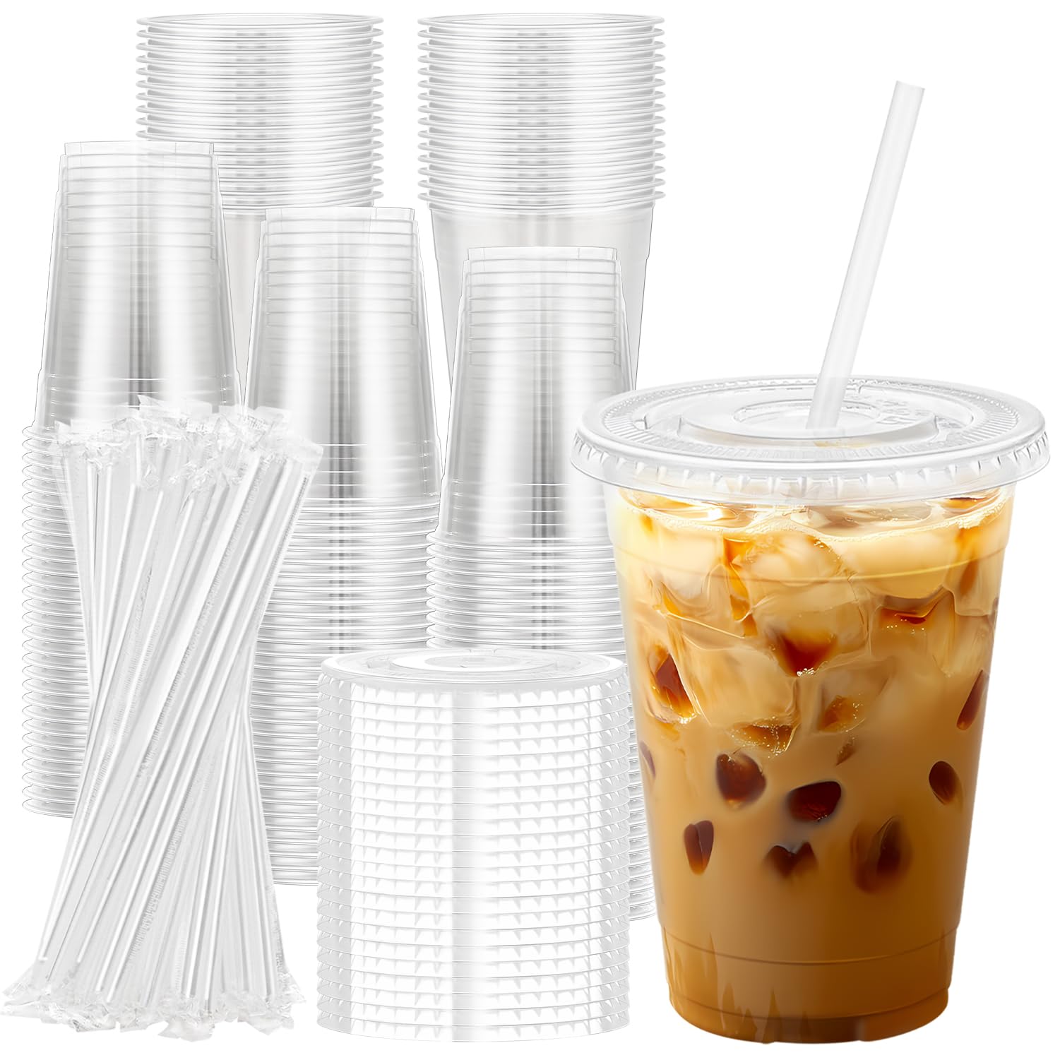 Lamosi 100 Pack 16 oz Clear Plastic Cups with Lids and Straws, Disposable Plastic Coffee Cups with Lids for Iced Coffee, Cold Be