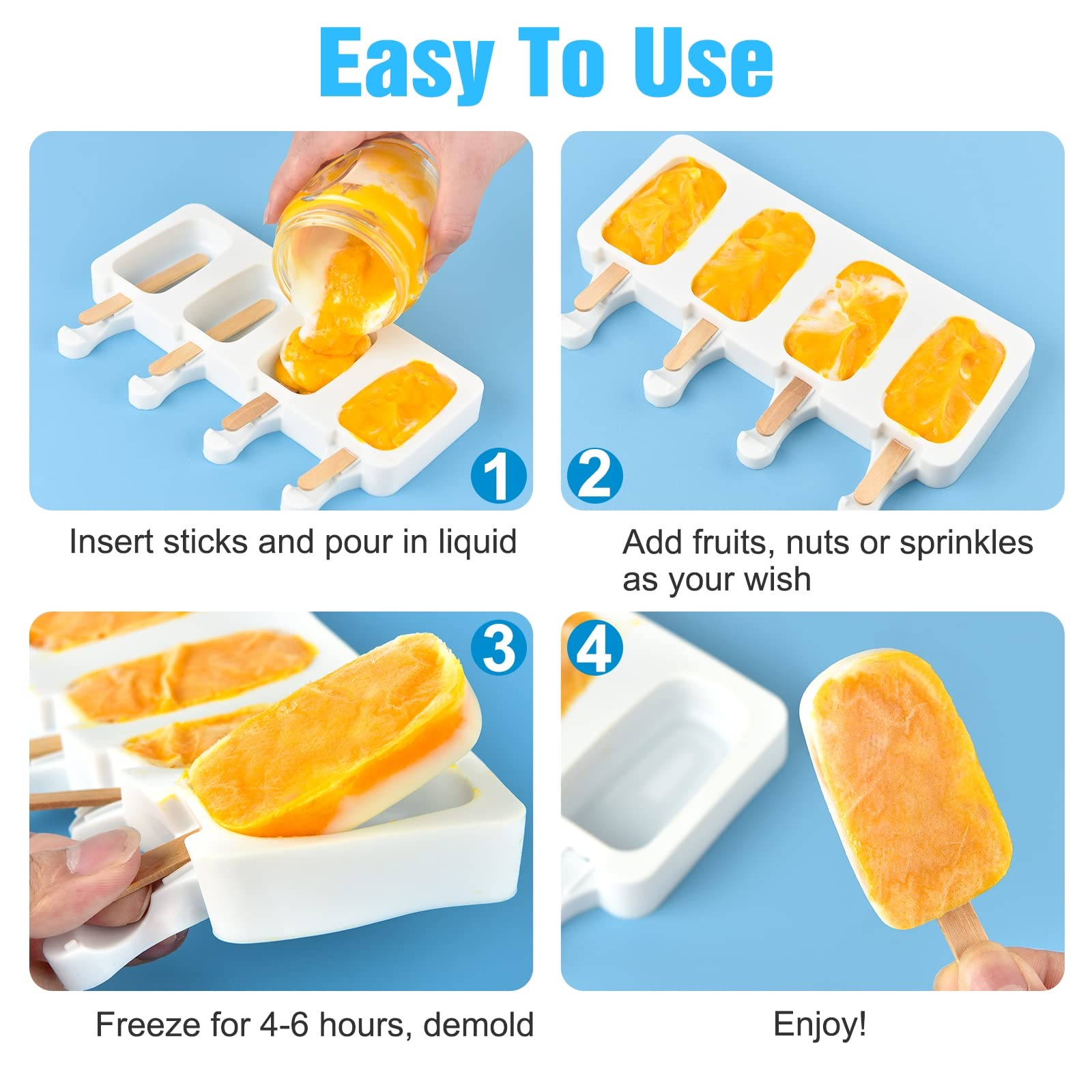 6 Set Silicone Popsicle Molds Ice Cream Mould 4 Cavity Ice Lolly Mold White Oval Cake Pop Mold With 300 Pieces Wooden Sticks For