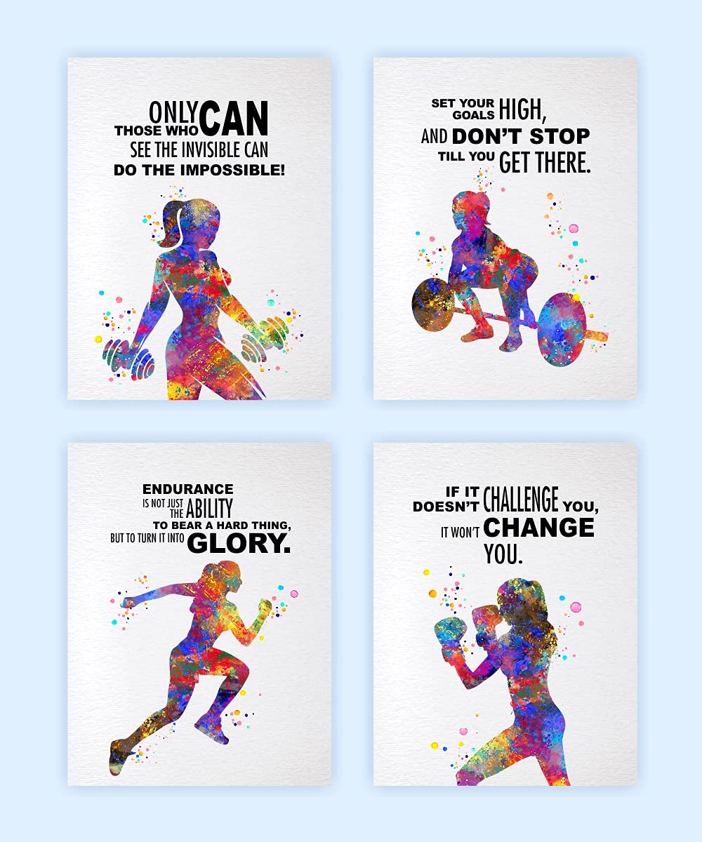 Dignovel Studios 8X10 Set Of 4 Unframed Intensive Workout Training Exercise Running Boxing Weight Lifting Watercolor Art Woman G