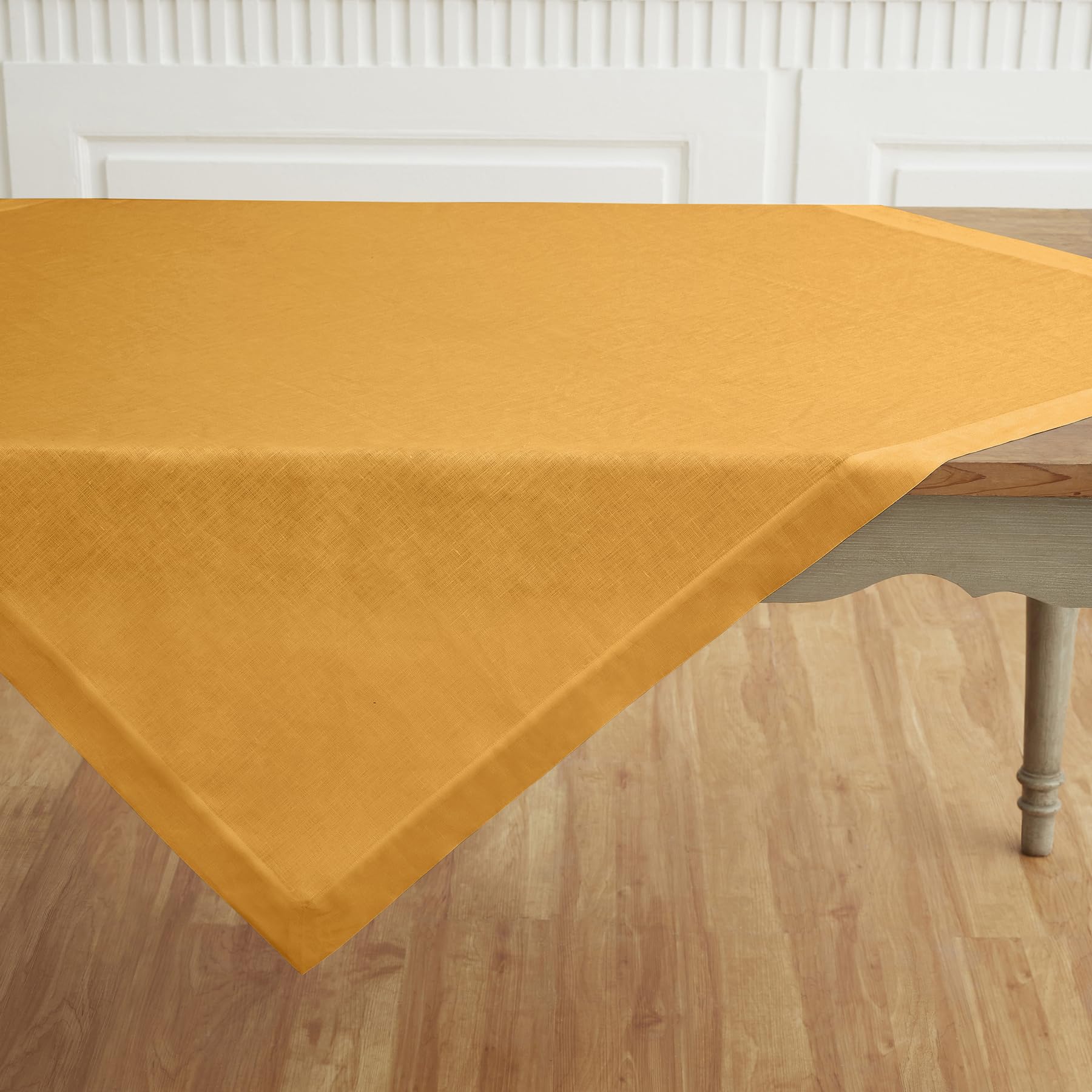 Solino Home Tangerine Yellow Linen Square Tablecloth 52 X 52 Inch - Fete, 100% Pure Linen Table Throw - Machine Washable Tablecl