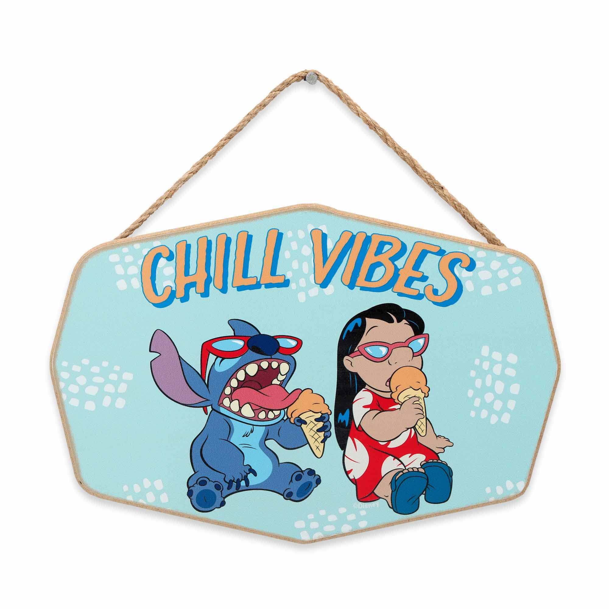 Disney Lilo and Stitch Chill Vibes Hanging Wood Wall Decor - Cute Lilo and Stitch Sign for Home