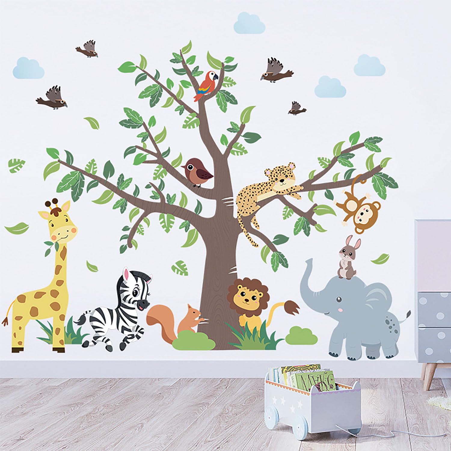 MagiMural Cartoon Jungle Animal Wall Stickers, Colorful Butterfly Giraffe Elephant Peel and Stick Wall Decals, Art Wall Decor (T
