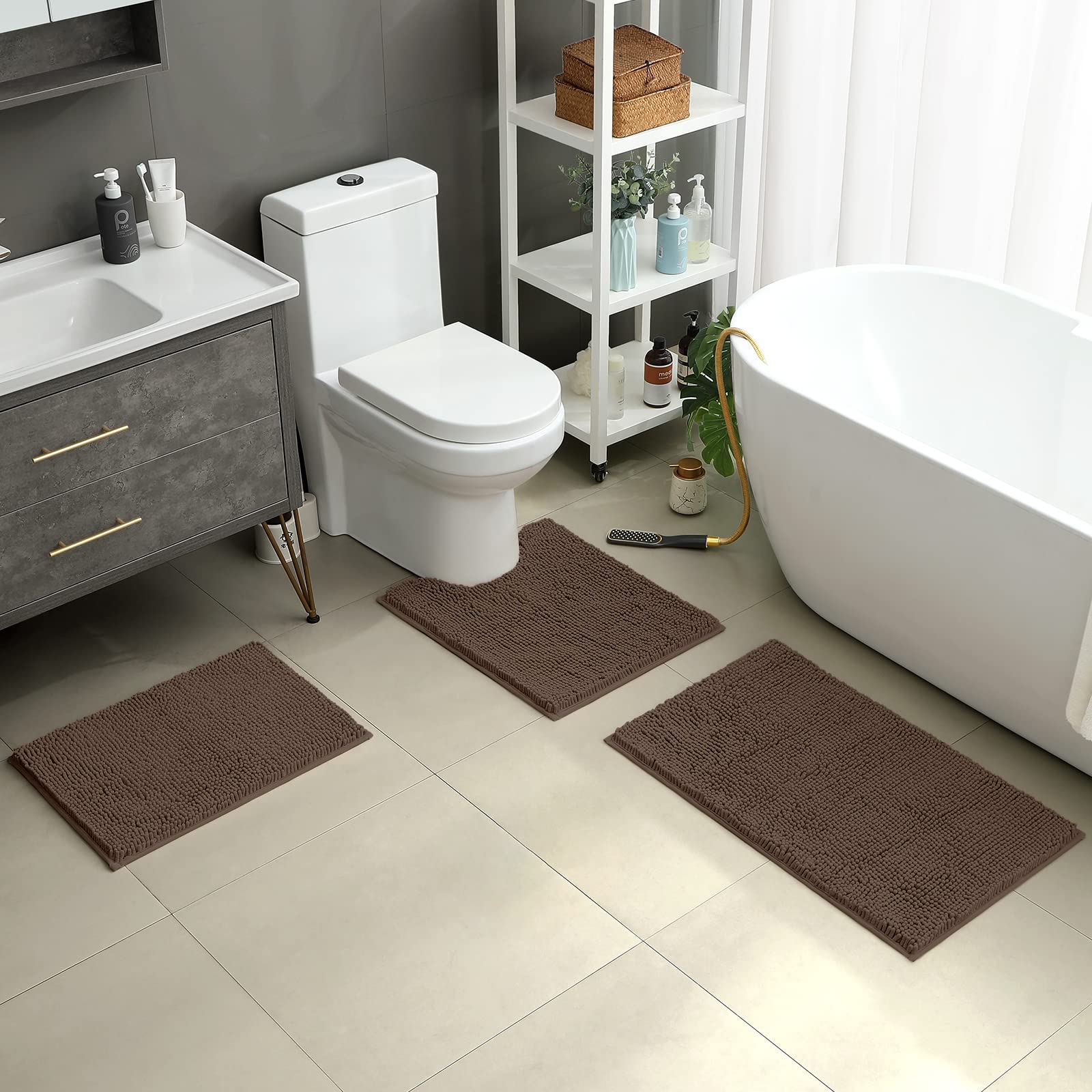 HOMEIDEAS 3 Pieces Bathroom Rugs  Ultra Soft Non Slip Absorbent Chenille Toilet Bath Mat Set (Brown)
