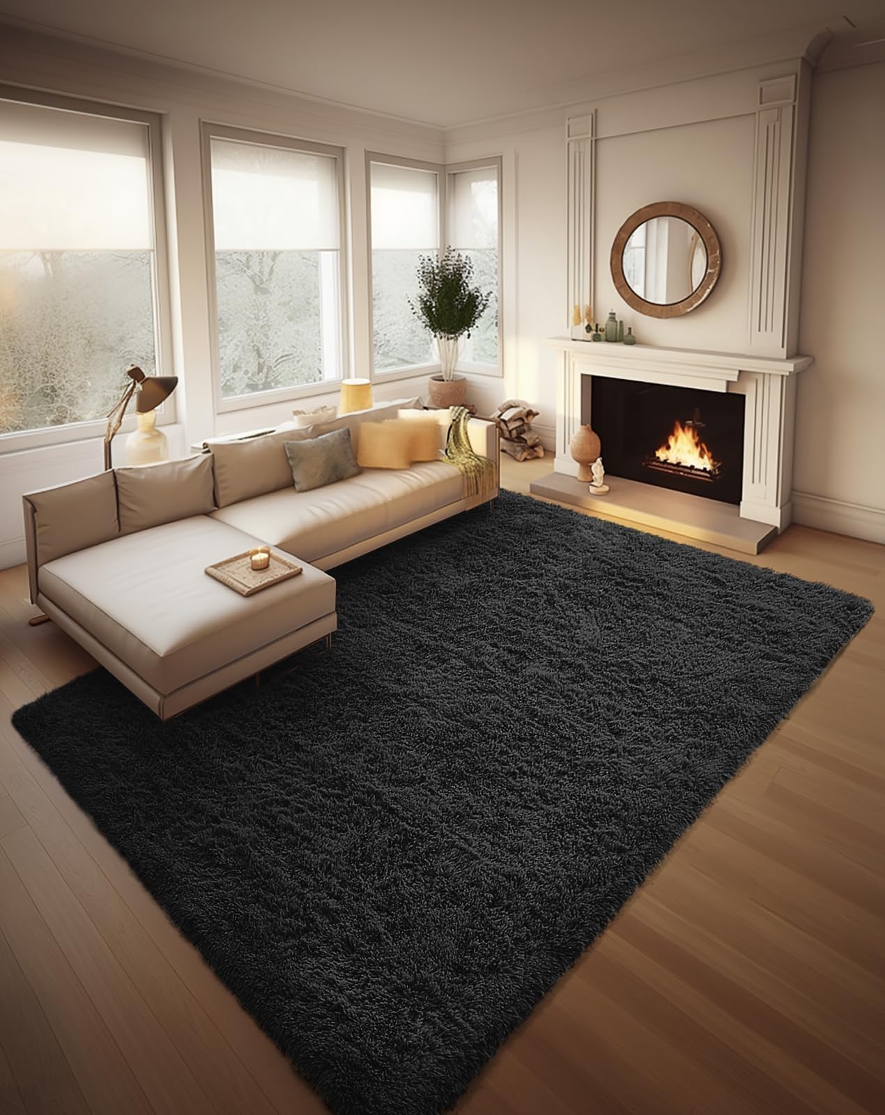 Ophanie 8x10 Black Area Rugs for Living Room, Large Shag Bedroom Carpet, Big Indoor Thick Soft Shaggy Nursery Rug, Fluffy Carpet