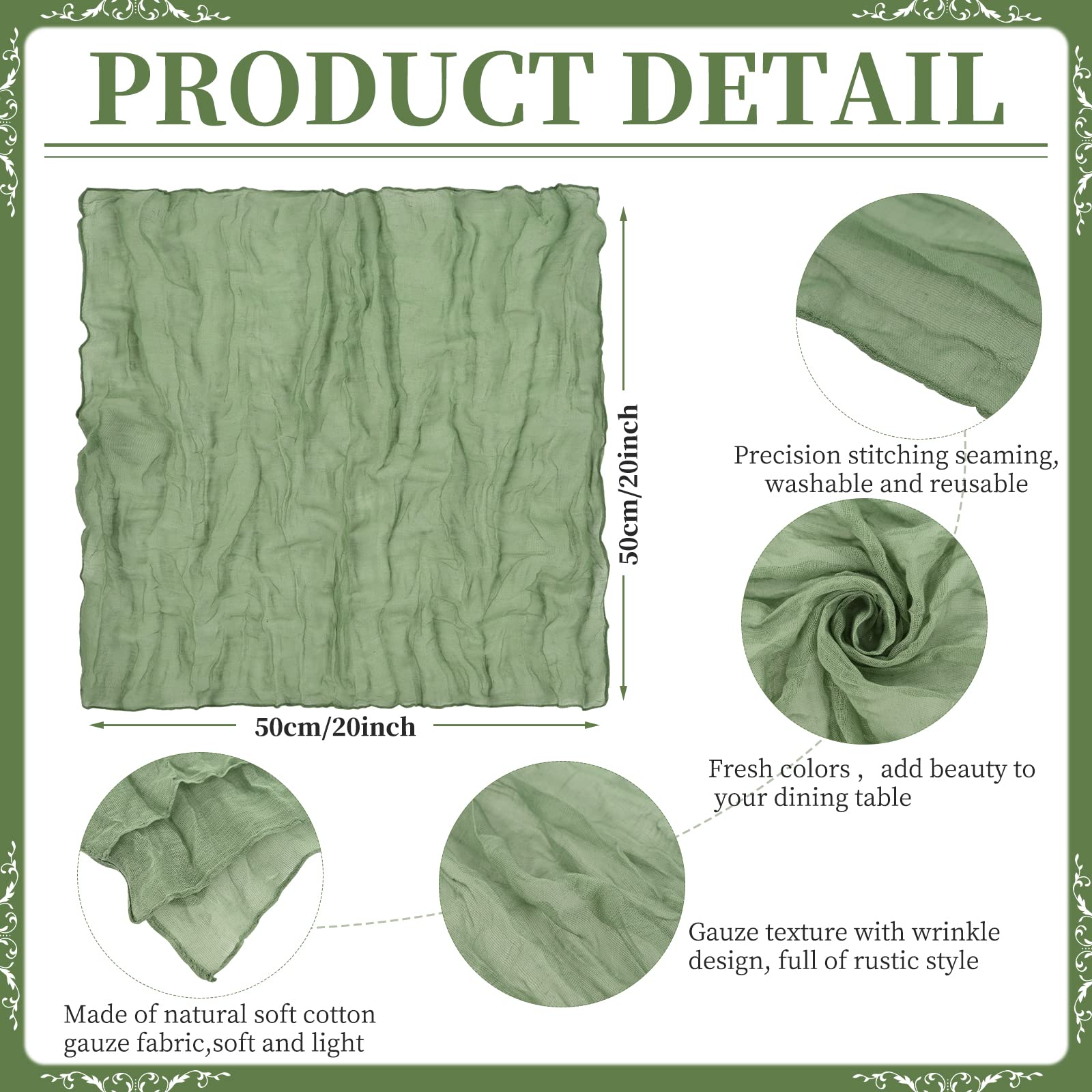 Gauze Cheesecloth Napkins Set Of 42, 20 X 20 Inch Sage Green Rustic Boho Dinner Napkins Wrinkled Rustic Linen Napkins Decorative