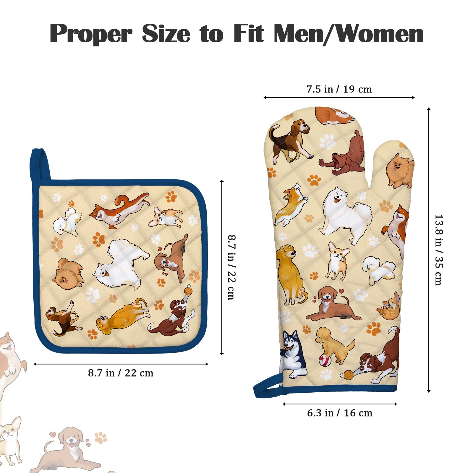 Arquiel Dogs Oven Mitts And Pot Holders Sets 100% Cotton Heat Resistant, Extra Long Oven Gloves Potholder For Kitchen Cooking Ba