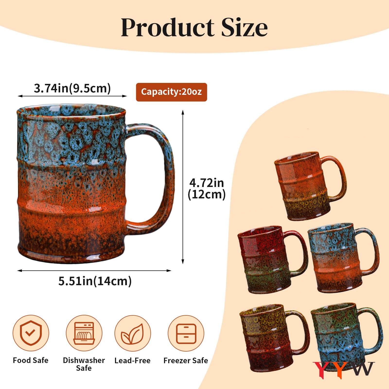 YYW Ceramic Coffee Mugs Handmade Pottery Mugs 20 Oz Espresso Cups Large Tea Cups with Handle for Office and Home (Multi-B)