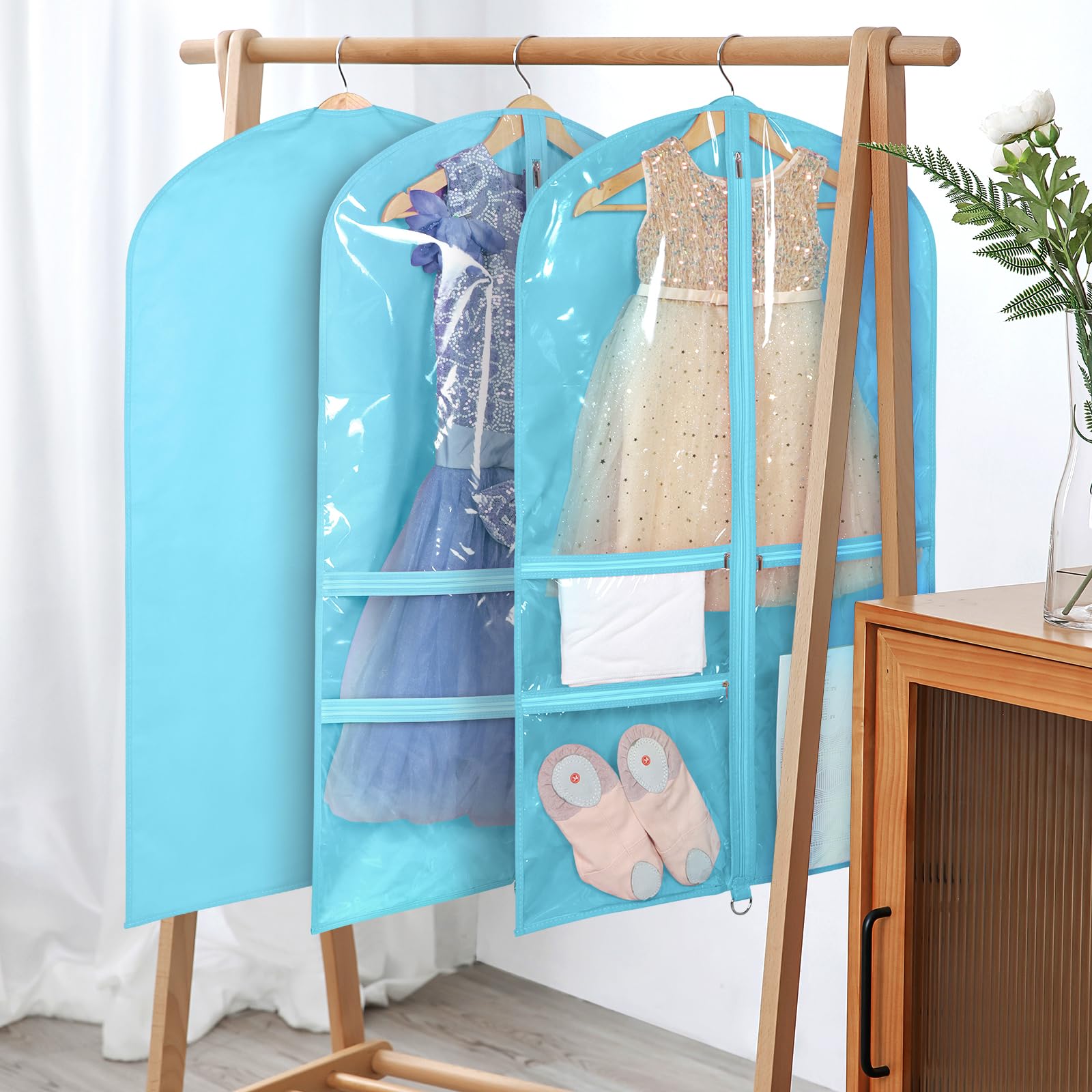 Univivi 40 Inch Girls Garment Bags For Dance Costumes, Dance Competition Garment Bag With 3 Medium Clear Zipper Pockets For Danc