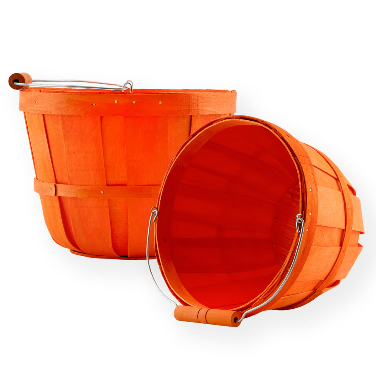 Cornucopia Round Wooden Baskets (2-Pack, Orange); Wood Fruit Buckets With Handle, 4-Quart Capacity; 6.1 Inch Tall By 8 Inch Diam