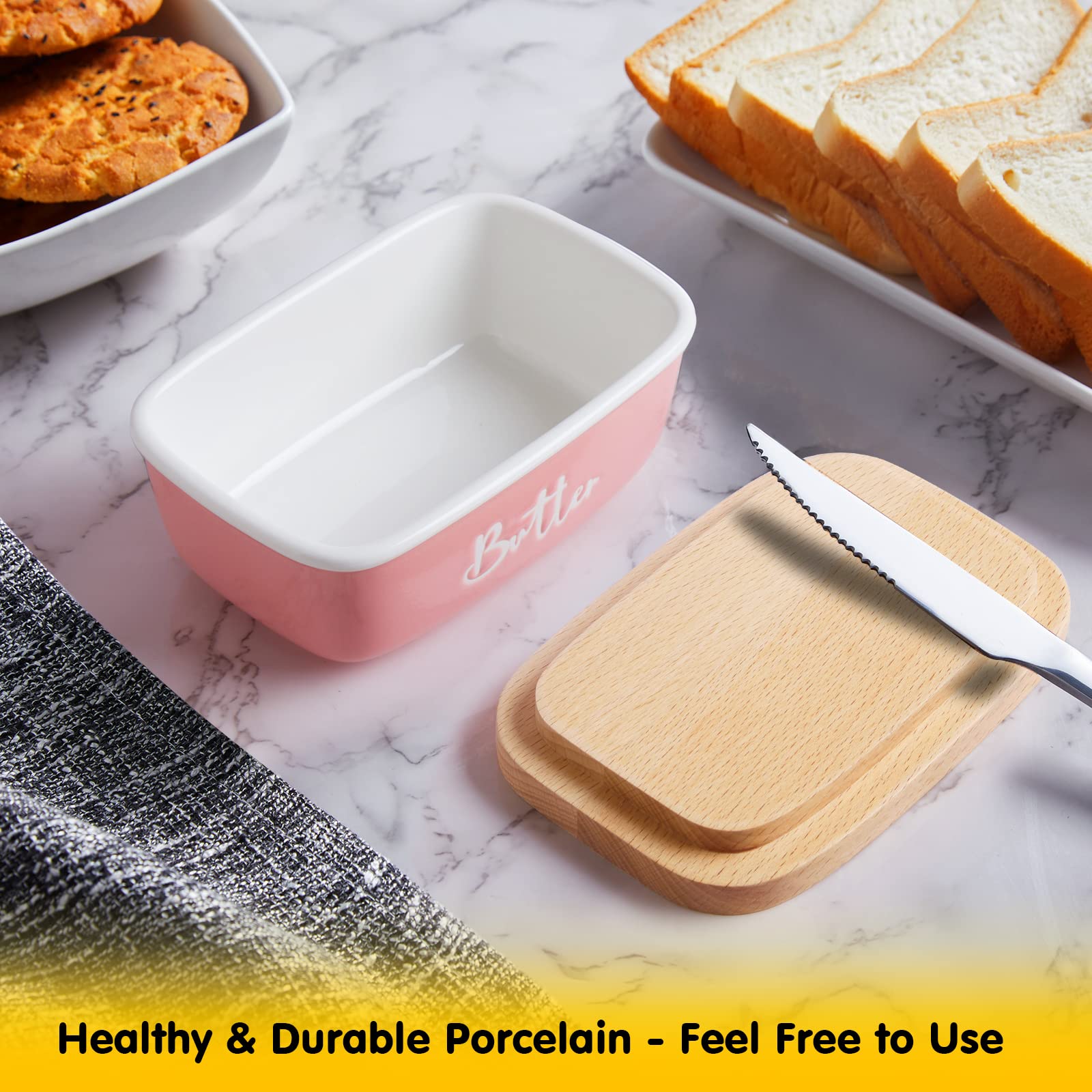 Alelion Pink Butter Dish With Lid For Countertop - Ceramic Farmhouse Butter Keeper Container With Thick Beech Wood Lid - Pink Ki