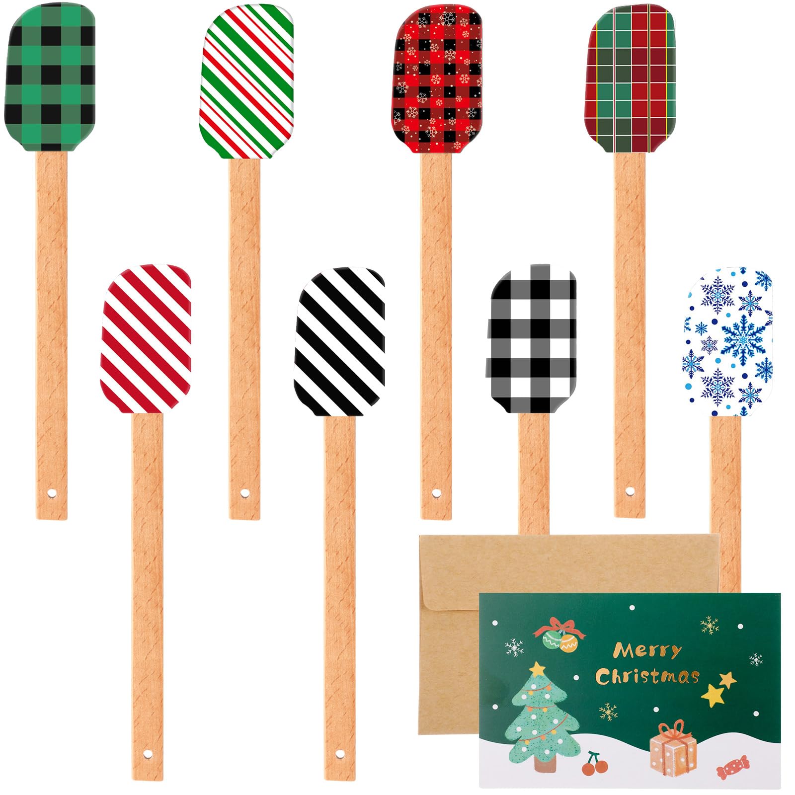 Nuogo 8 Pcs Christmas Silicone Spatulas Wooden Handle Set,Stripe Color