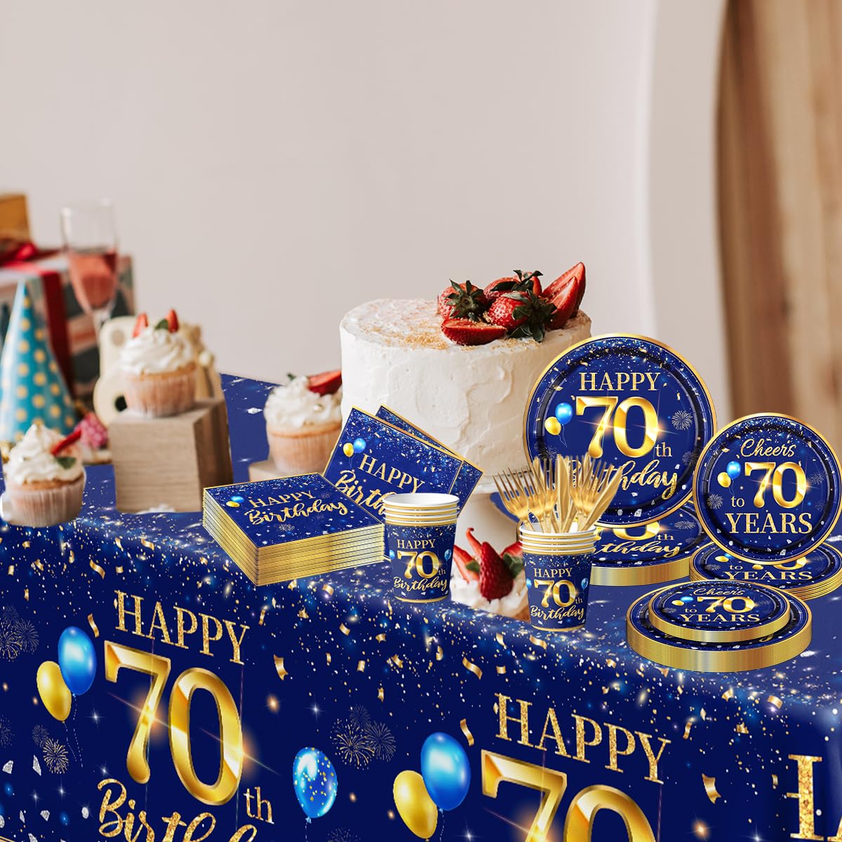 70Th Birthday Decoration Men-142Pcs Navy Blue And Gold Birthday Tableware Set(Serve For 20) Include Happy 70Th Birthday Banner P