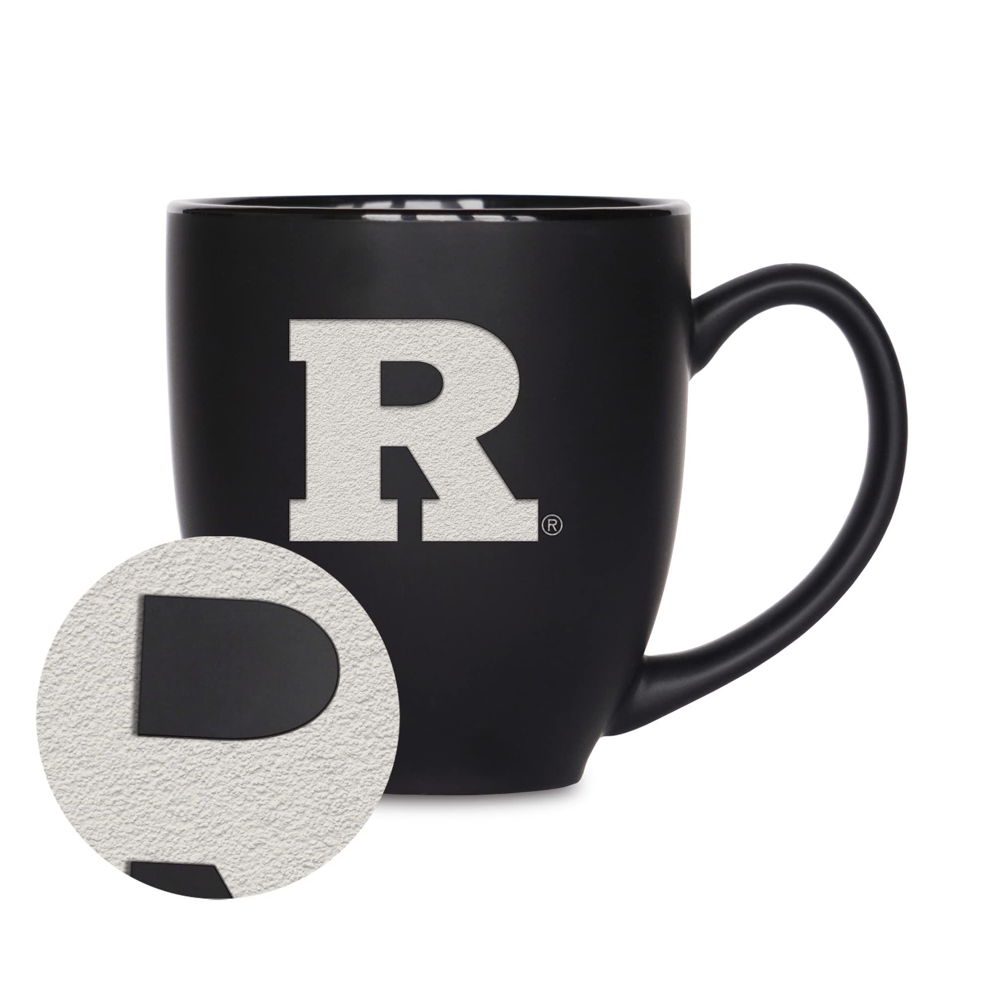Rico Industries NCAA Rutgers Scarlet Knights Main 15oz Laser Engraved Matte Black Ceramic Bistro Mug - For Hot or Cold Drinks