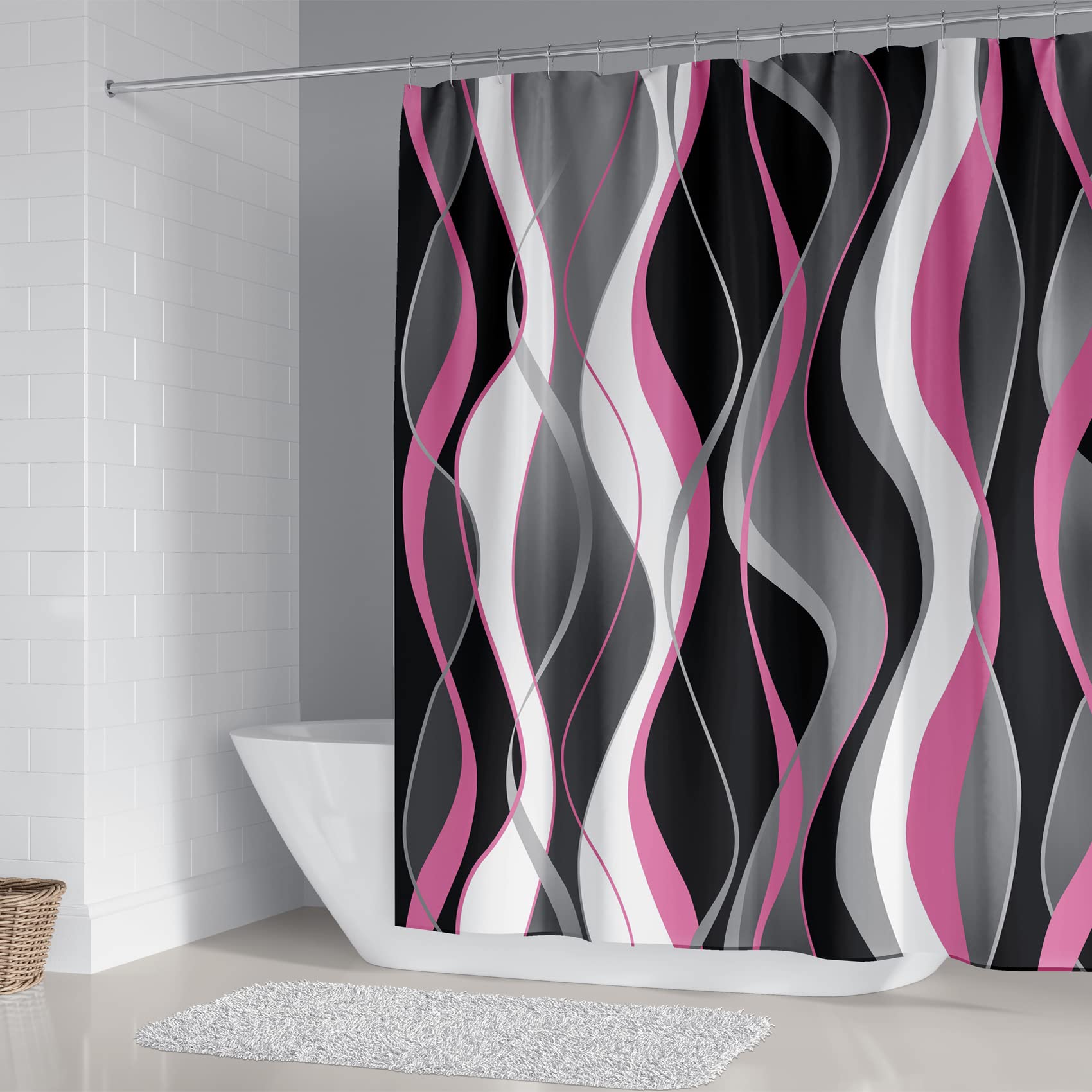 Beifivcl 4Pcs Pink Shower Curtain Sets With Non-Slip Rugs, Toilet Lid Cover And Bath Mat, Black And Gray Bathroom Decor Set Acce