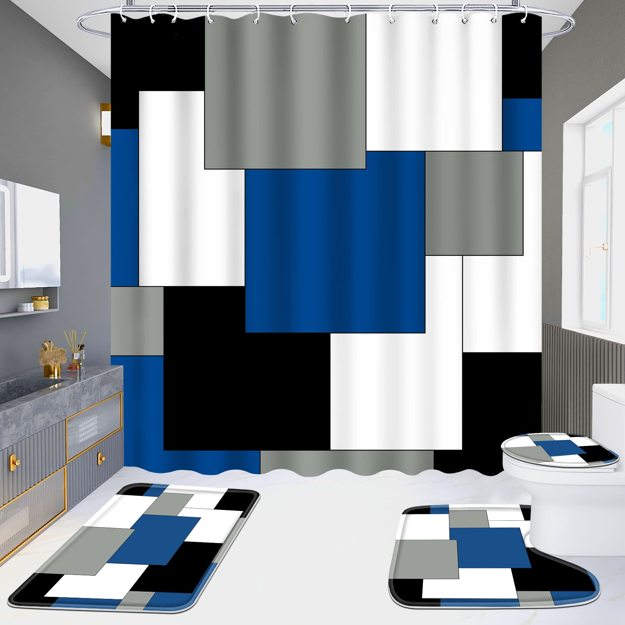 Enyorsel Blue Bathroom Sets With Shower Curtain And Rugs, 4 Piece Geometric Bathroom Shower Curtain Set With Rugs, Incl Shower C