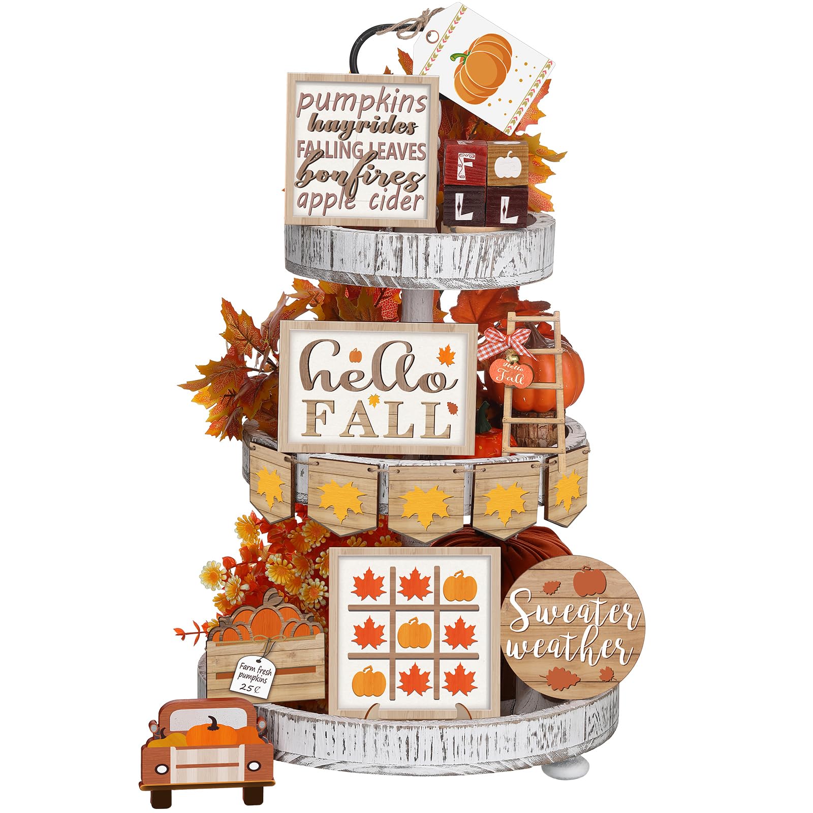 FairySandy 14 Pcs Fall Tiered Tray Decorations Set Thanksgiving Pumpkin Maple Tiered Tray Decorations Set Rustic Farmhouse Pumpk