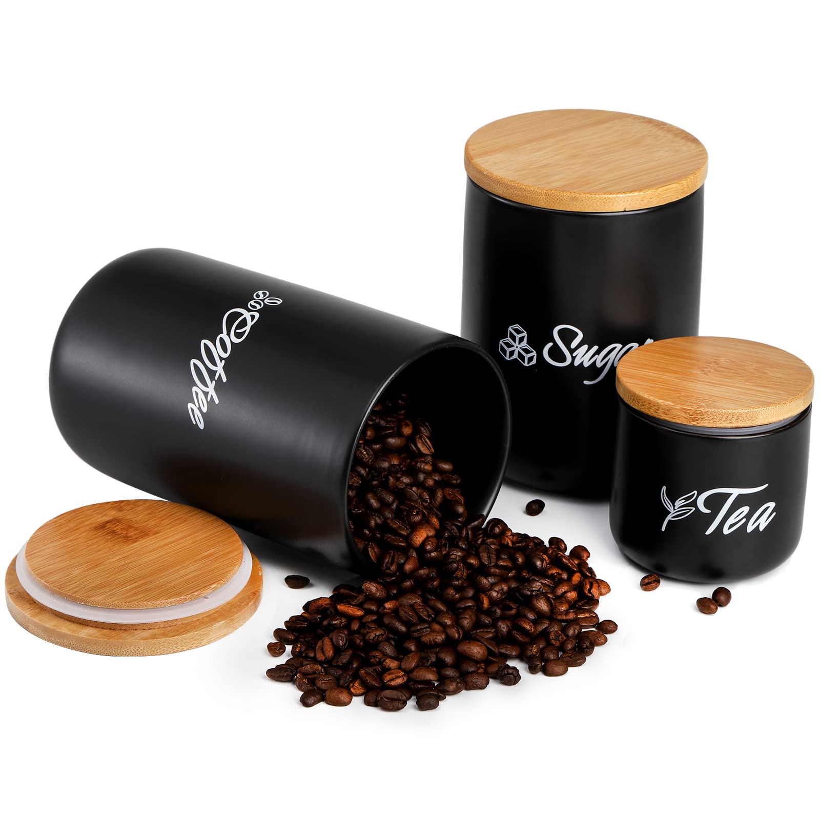 Topzea Set Of 3 Black Kitchen Canisters, Ceramic Coffee Sugar Tea Canisters Cylinder Set With Bamboo Lid Airtight Containers, Ki