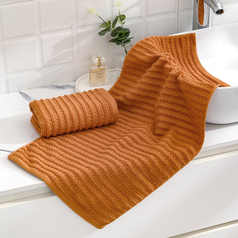 Sense Gnosis Waffle Hand Towel Striped Pattern Soft 100% Cotton Ultra Absorbent Hand Towels For Bathroom 13 X 29 Inch (Coral Ora