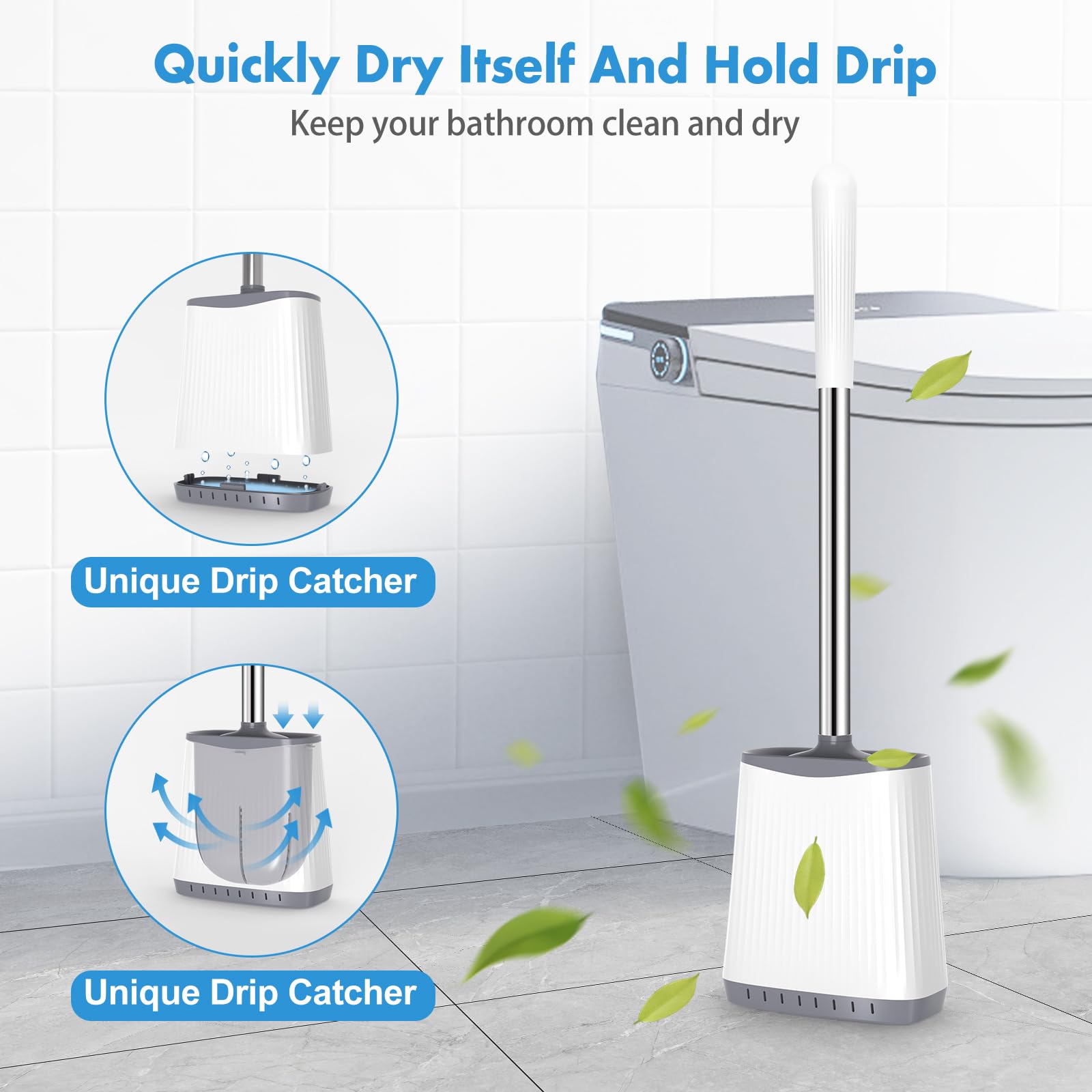 Toilet Brush, Silicone Toilet Brush And Holder, Flexible Toilet Bowl Brush Head With Ventilated Holder, Wall Mounted Compact Toi