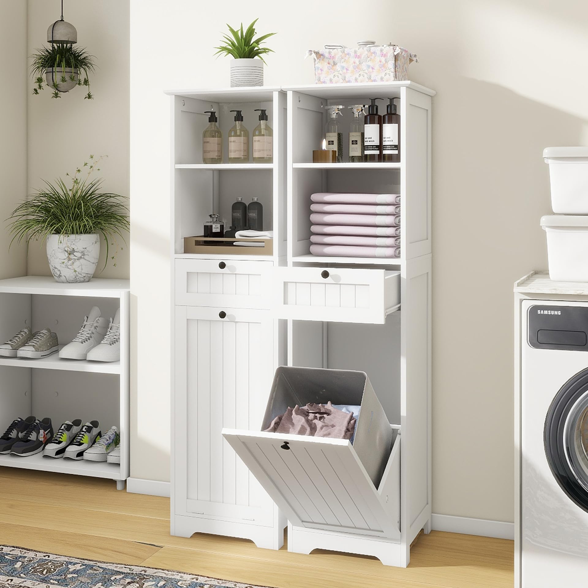 Oqsc Tall Tilt Out Laundry Room Cabinets And Storage With Hidden Removable Basket, Pull Out Laundry Cabinet Hamper With Door And