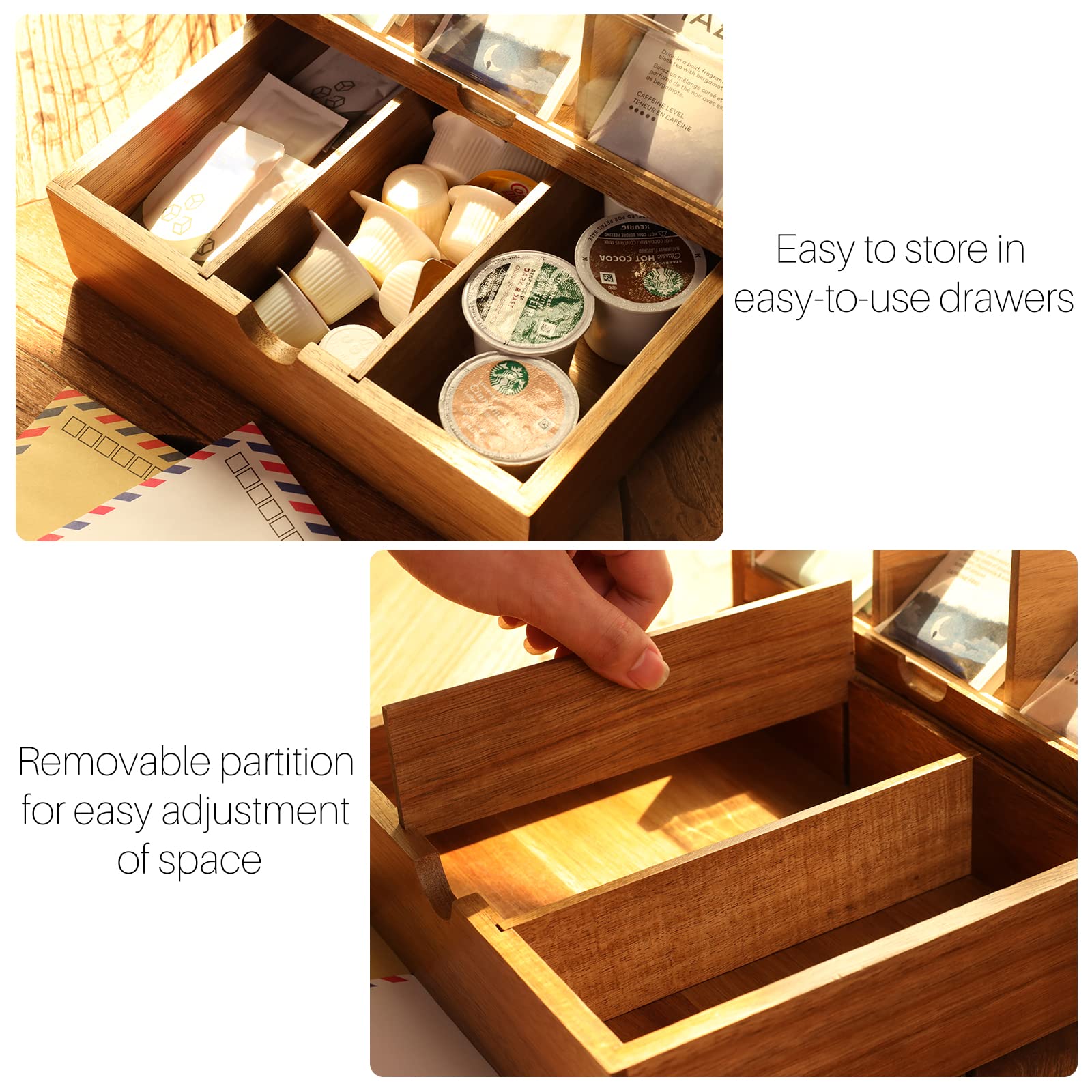 Large Tea Organizer 2 Tier With Drawer By Htb, Tea Bag Organizer With Acrylic Transparent Hinged Lid, 9 Compartments Wooden Tea