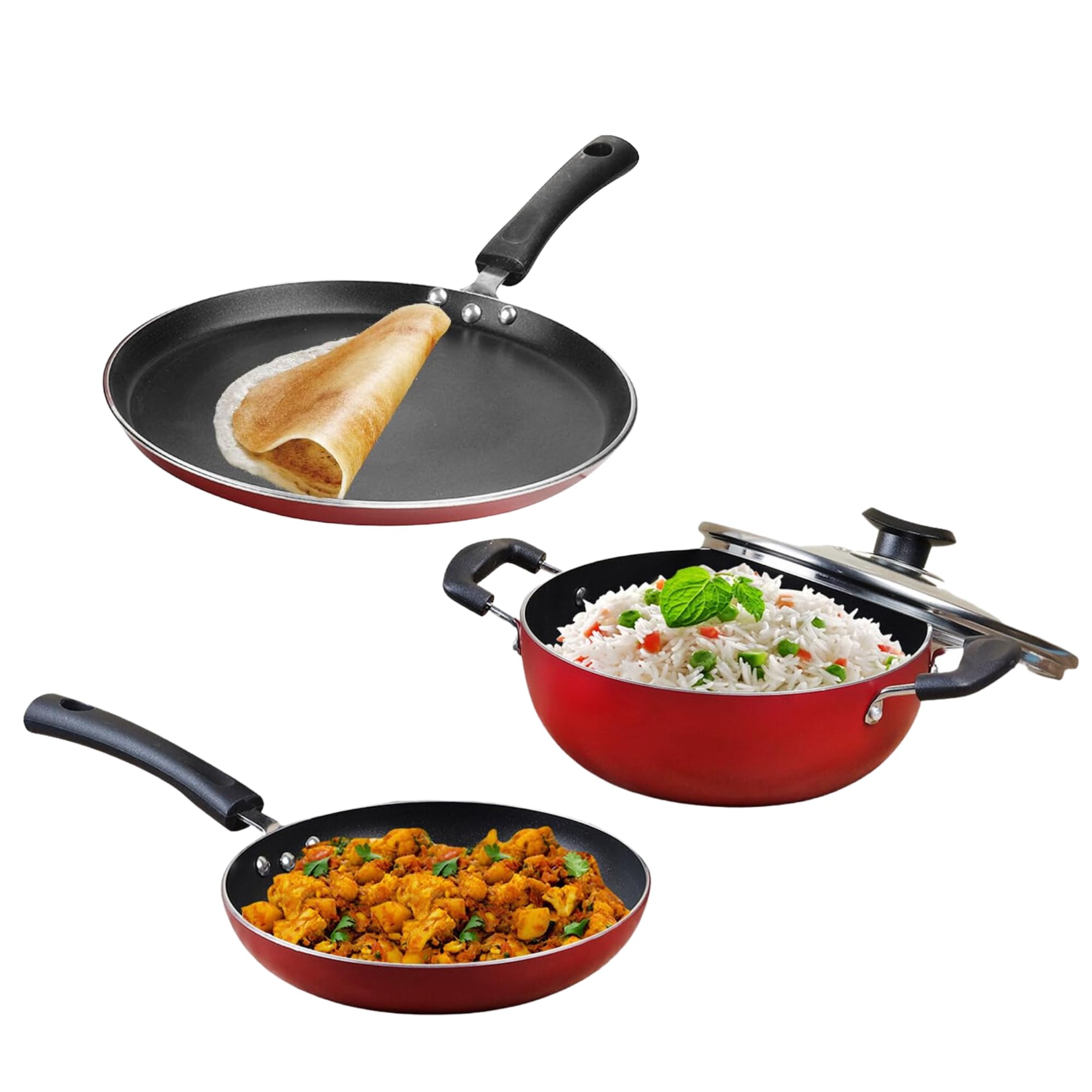 Vinod Zest Aluminium Non Stick Cookware Combo Set Of 3 | 22 Cm Kadai, 22 Cm Frypan And 28 Cm Dosa Tawa | 3 Layer Coating | Scrat