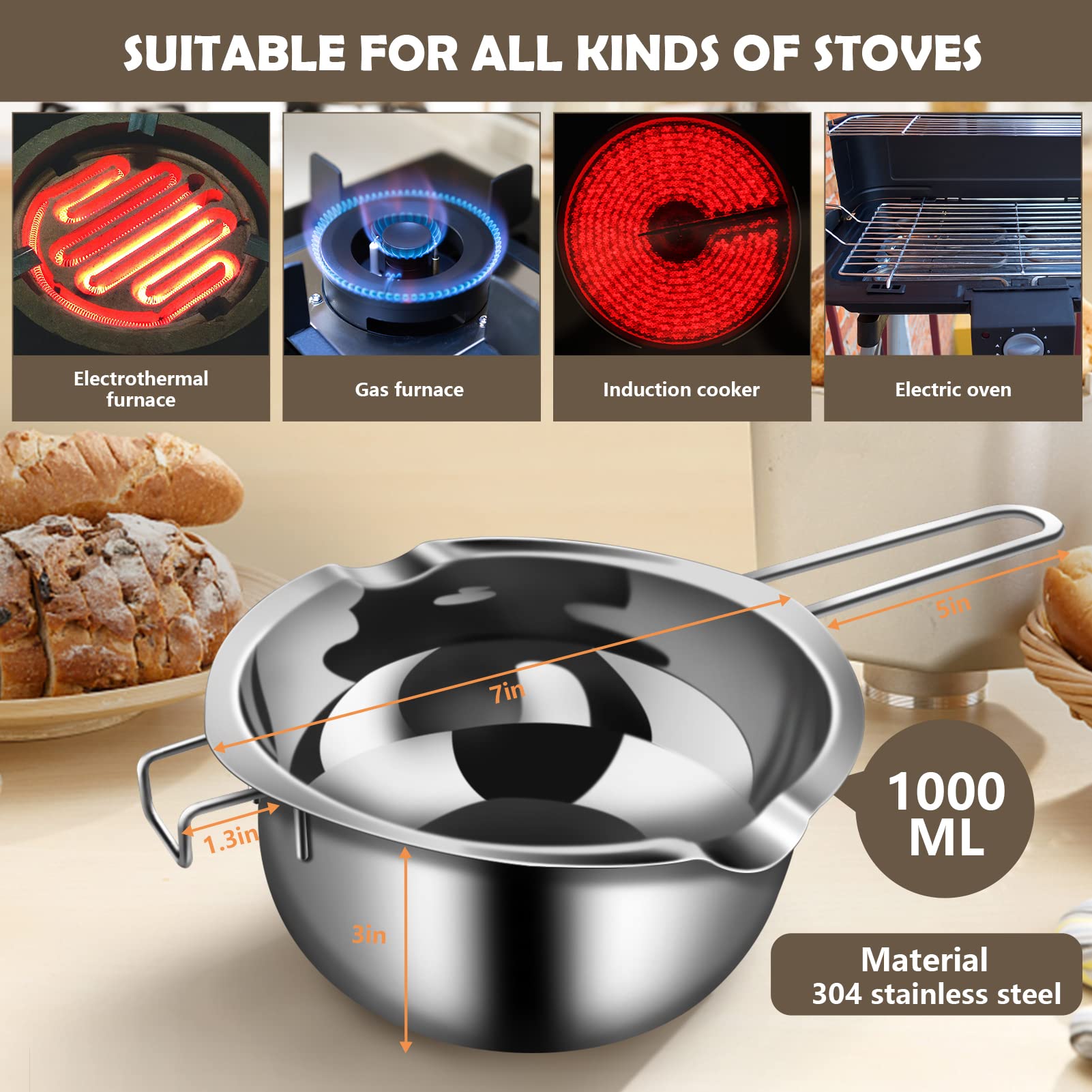 Artcome 5Pcs Double Boiler Melting Pot Set - 600Ml/0.6Qt And 1000Ml/1Qt Chocolate Stainless Steel Melting Pot, Decorating Spoons